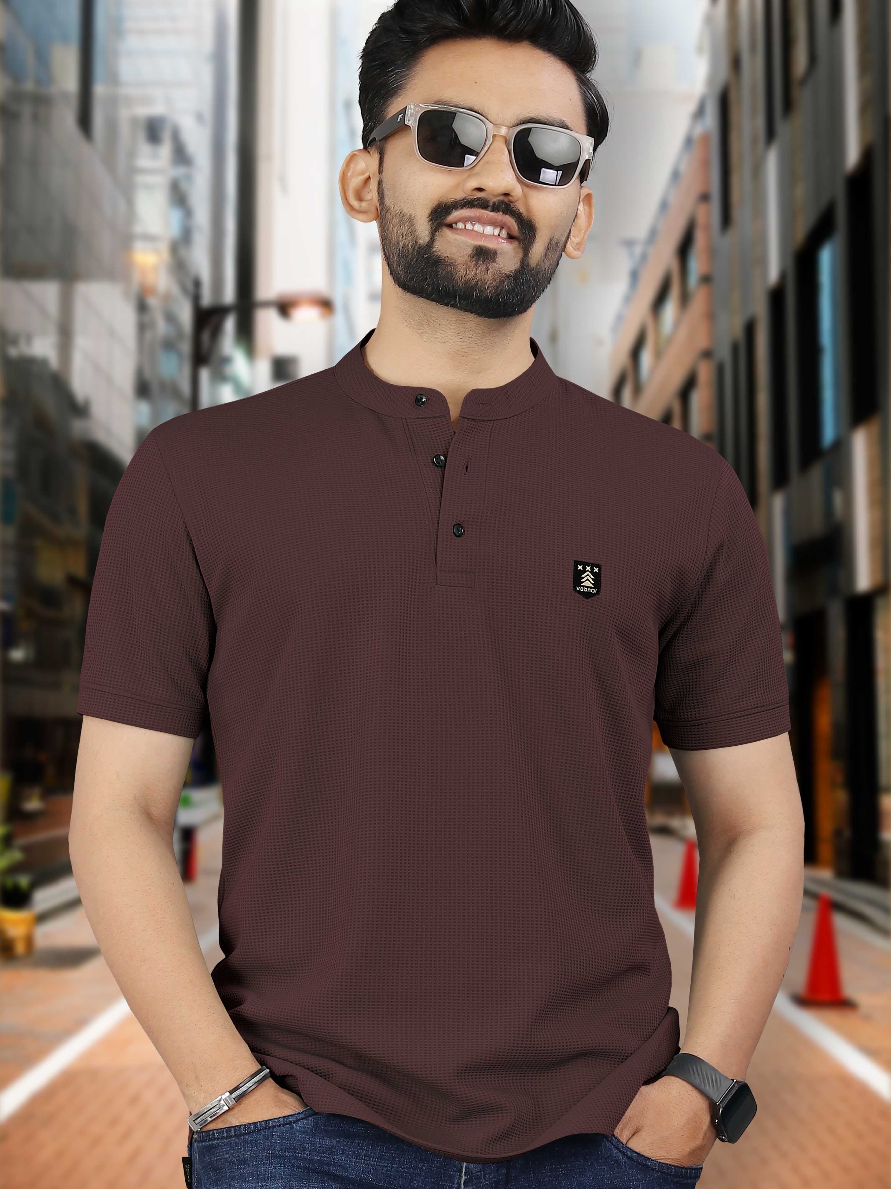 Men Solid Mandarin Collar Polyester Brown T-Shirt-image-4