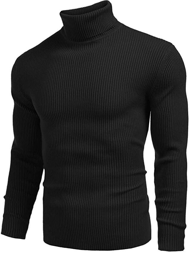 Men Solid High Neck Black Sweater
