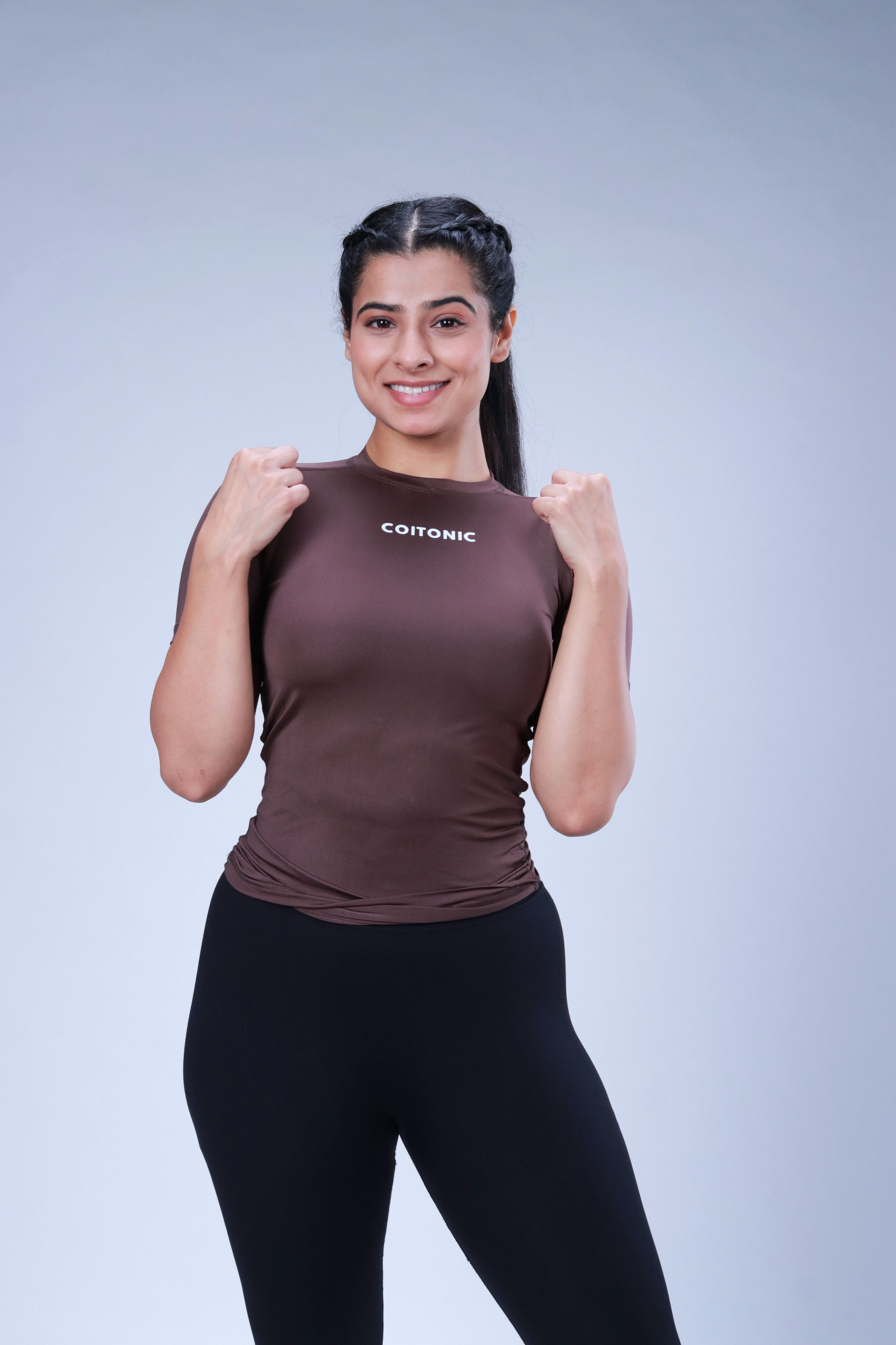 coitonic Women Solid Round Neck Polyester Brown T-Shirt-picture-4