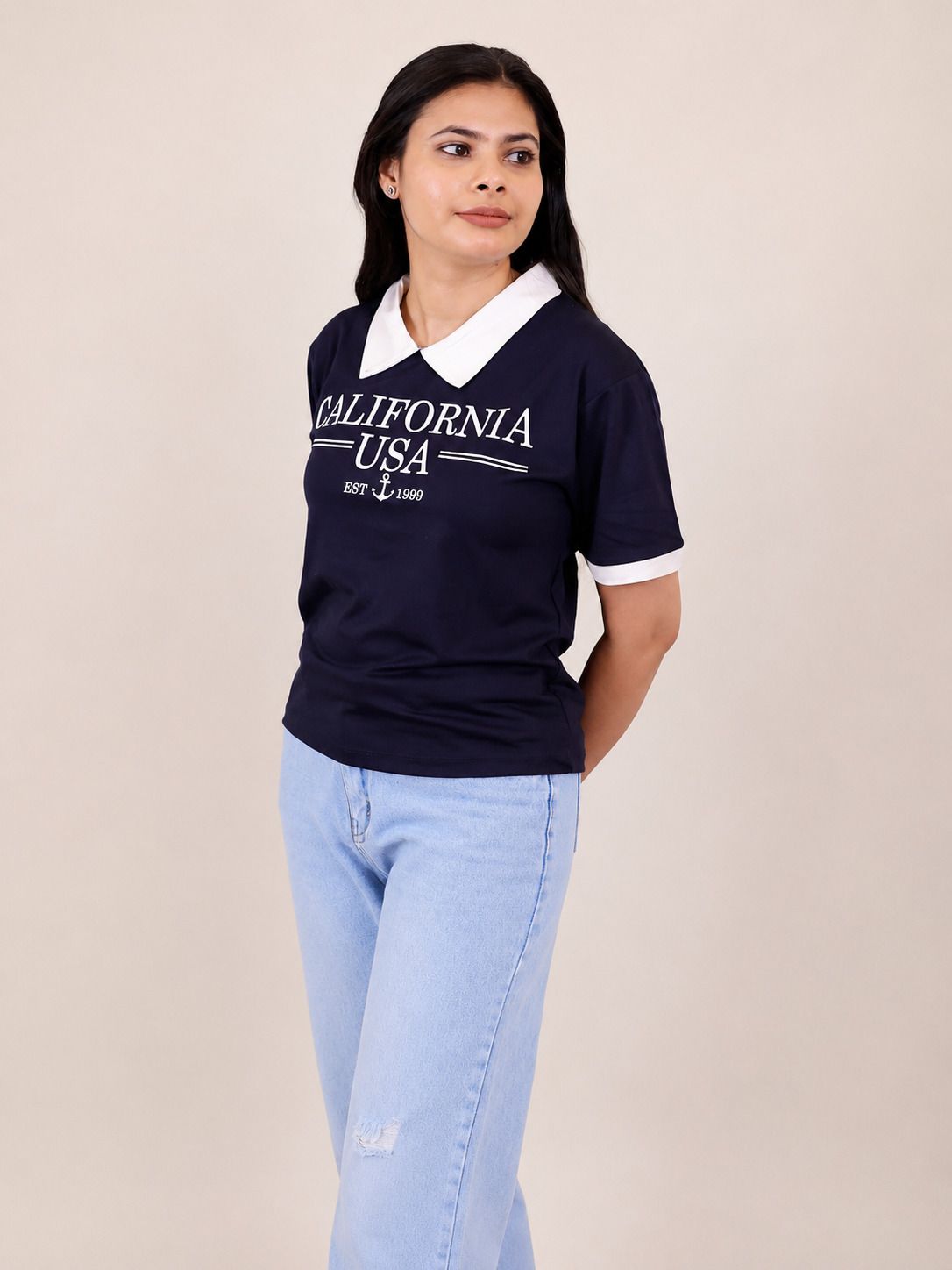 ducart Women Typography Polo Neck Cotton Blend Navy Blue T-Shirt-picture-39