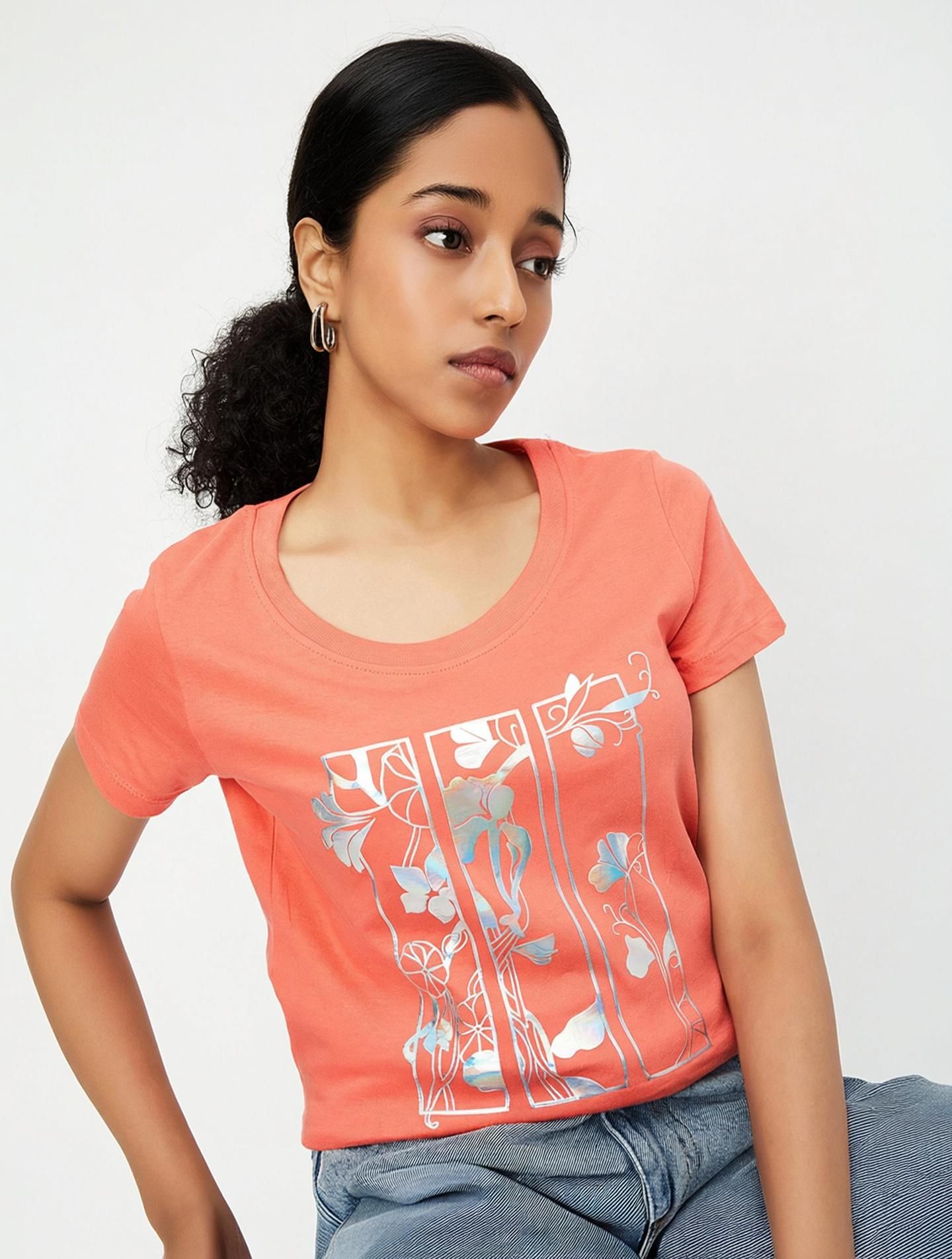 Women Printed Round Neck Pure Cotton Orange T-Shirt-image-12