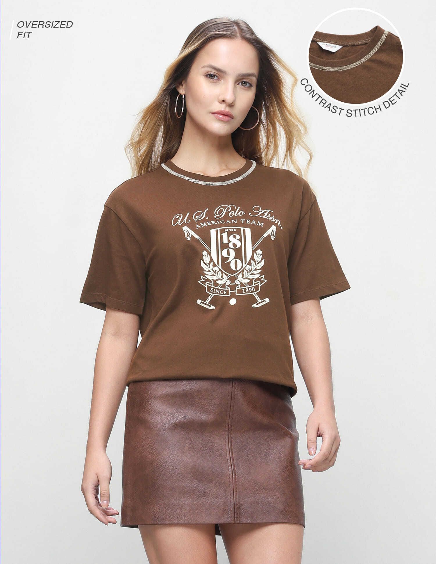 u.s. polo assn. Women Graphic Print Crew Neck Pure Cotton Brown T-Shirt-picture-11