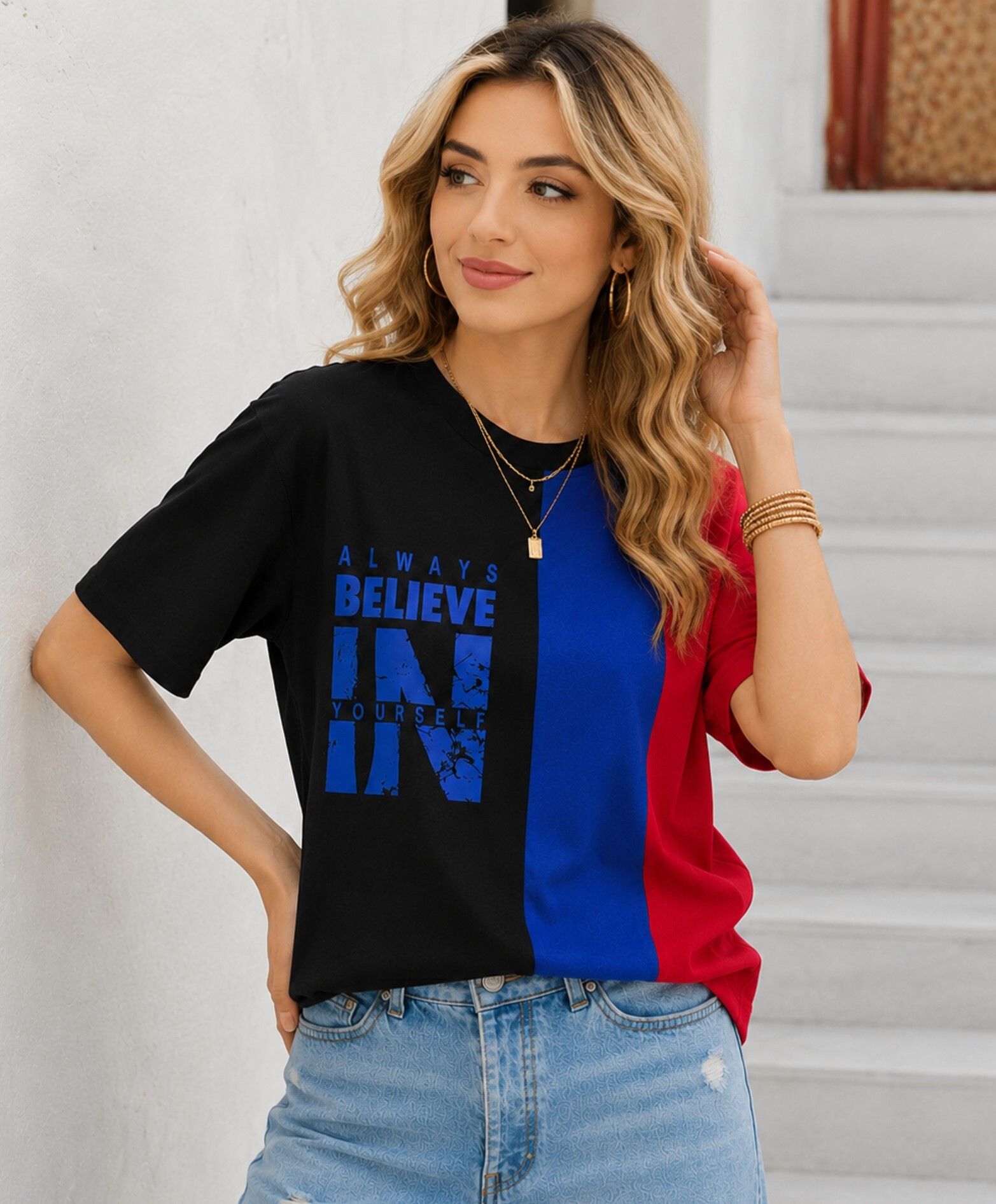 Women Graphic Print, Colorblock Round Neck Cotton Blend Multicolor T-Shirt-image-28
