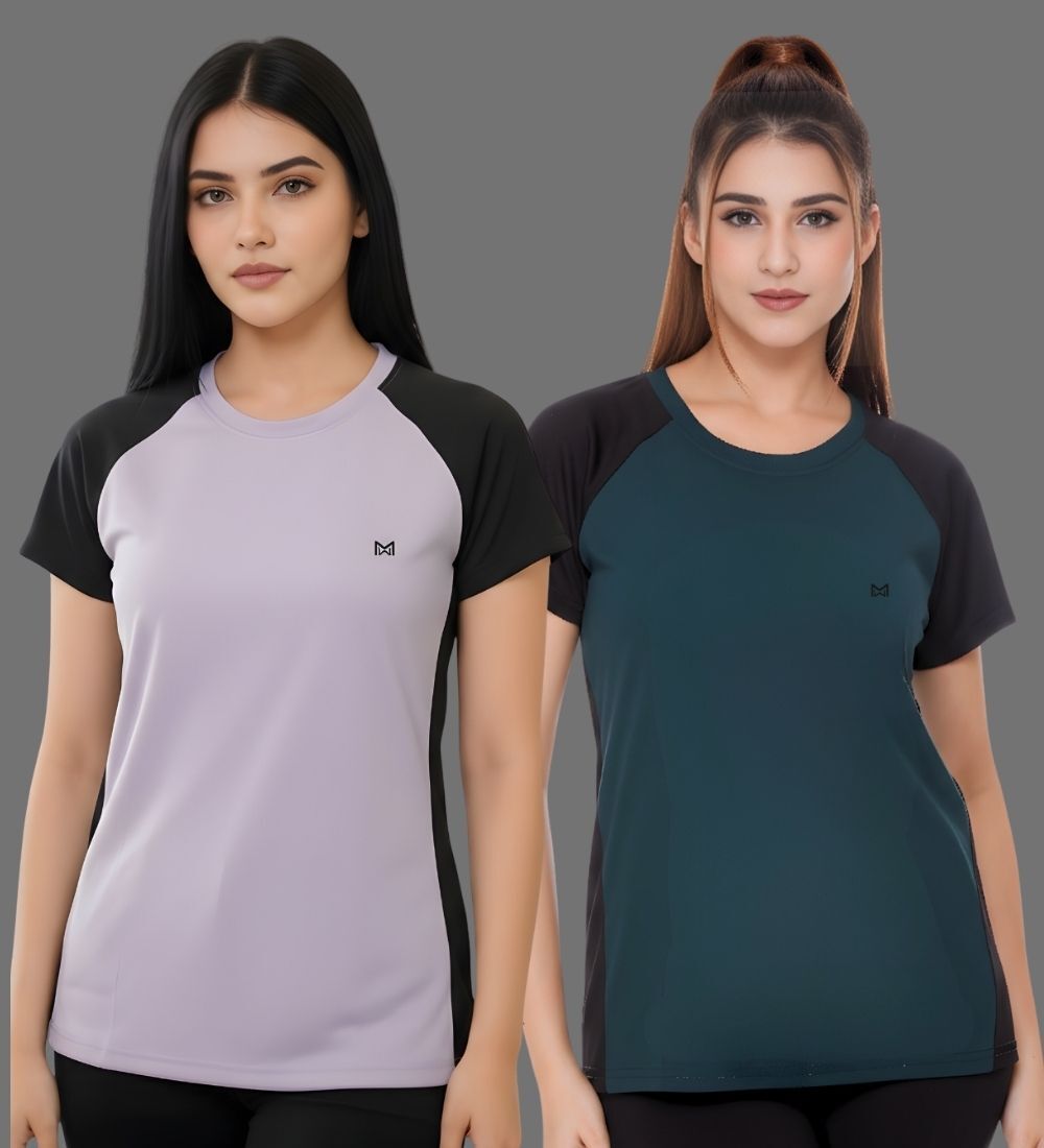 Pack of 2 Women Colorblock Round Neck Polyester Multicolor T-Shirt-image-26