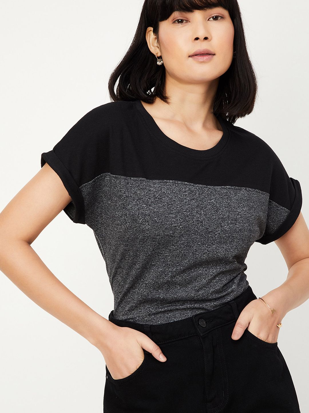 max Women Solid Round Neck Pure Cotton Black T-Shirt-picture-14