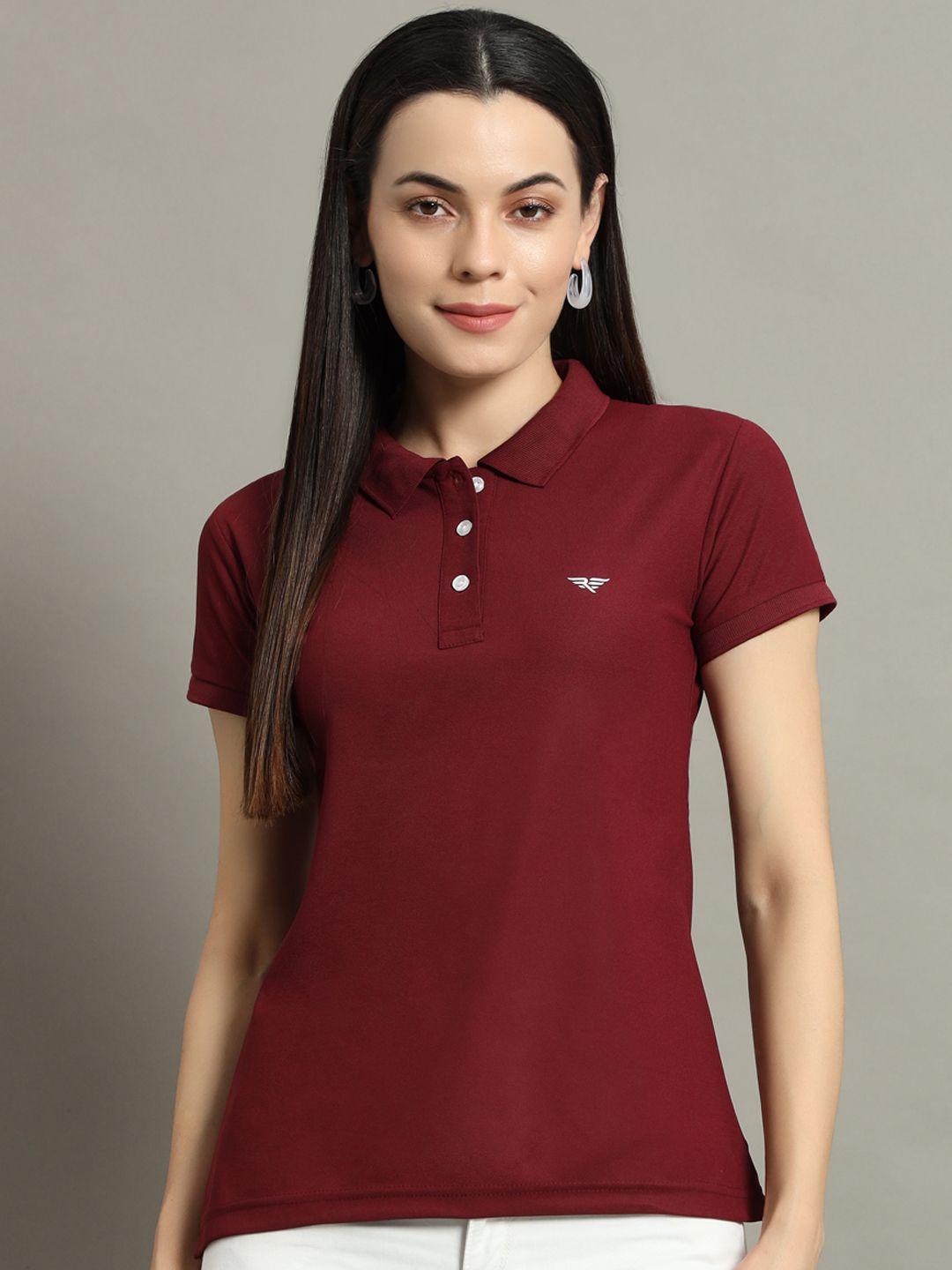 Women Solid Polo Neck Cotton Blend Maroon T-Shirt