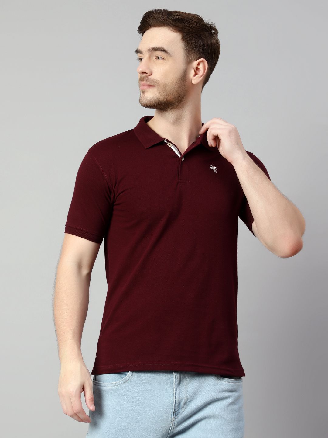 Men Solid Polo Neck Cotton Blend Maroon T-Shirt