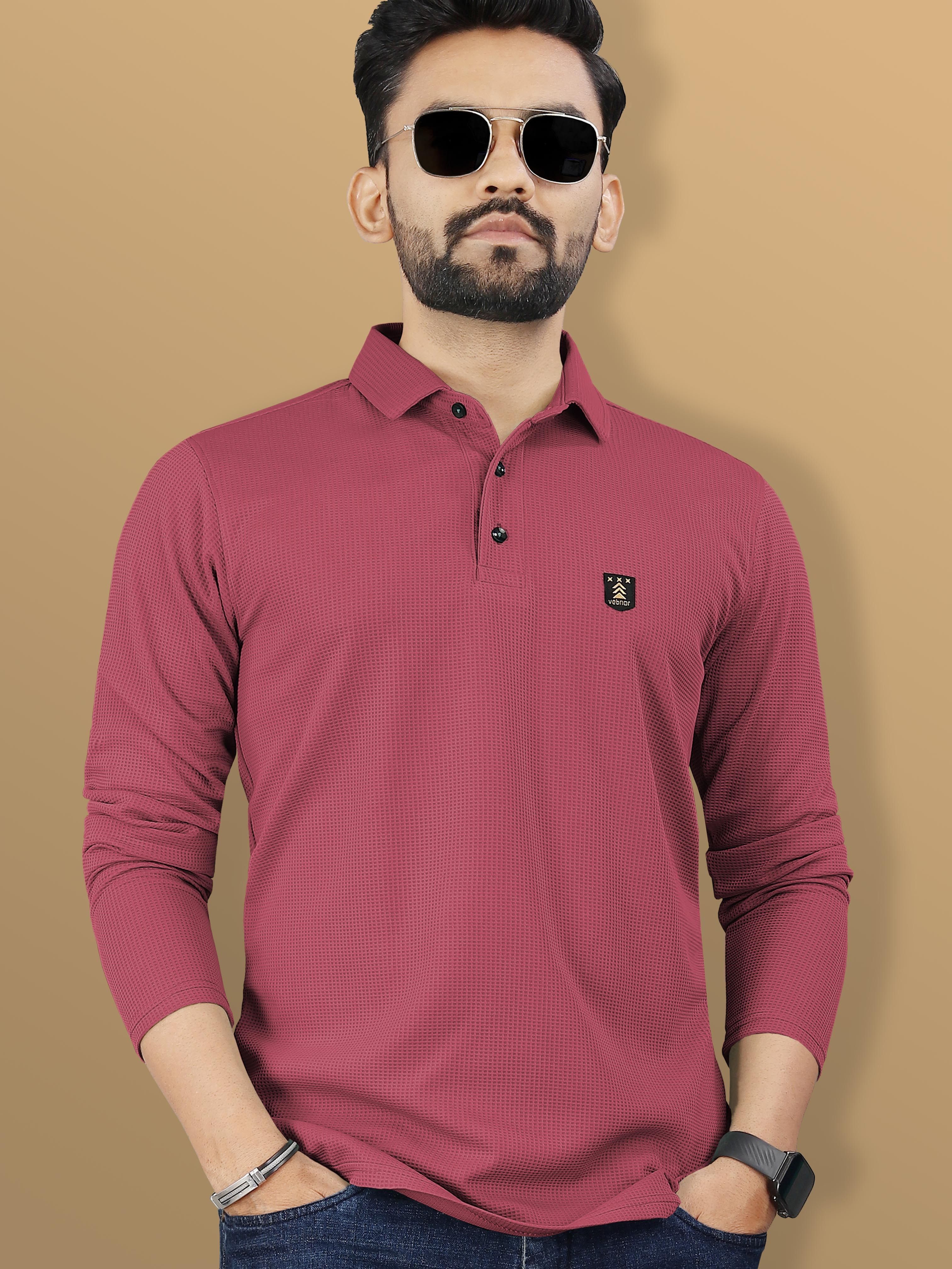 Men Self Design Polo Neck Polyester Pink T-Shirt