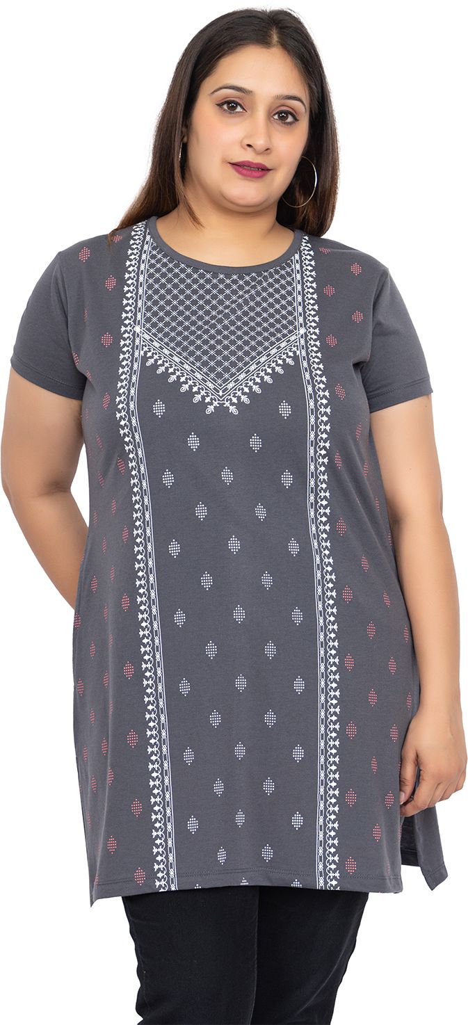Women Printed Round Neck Cotton Blend Grey T-Shirt-image-49