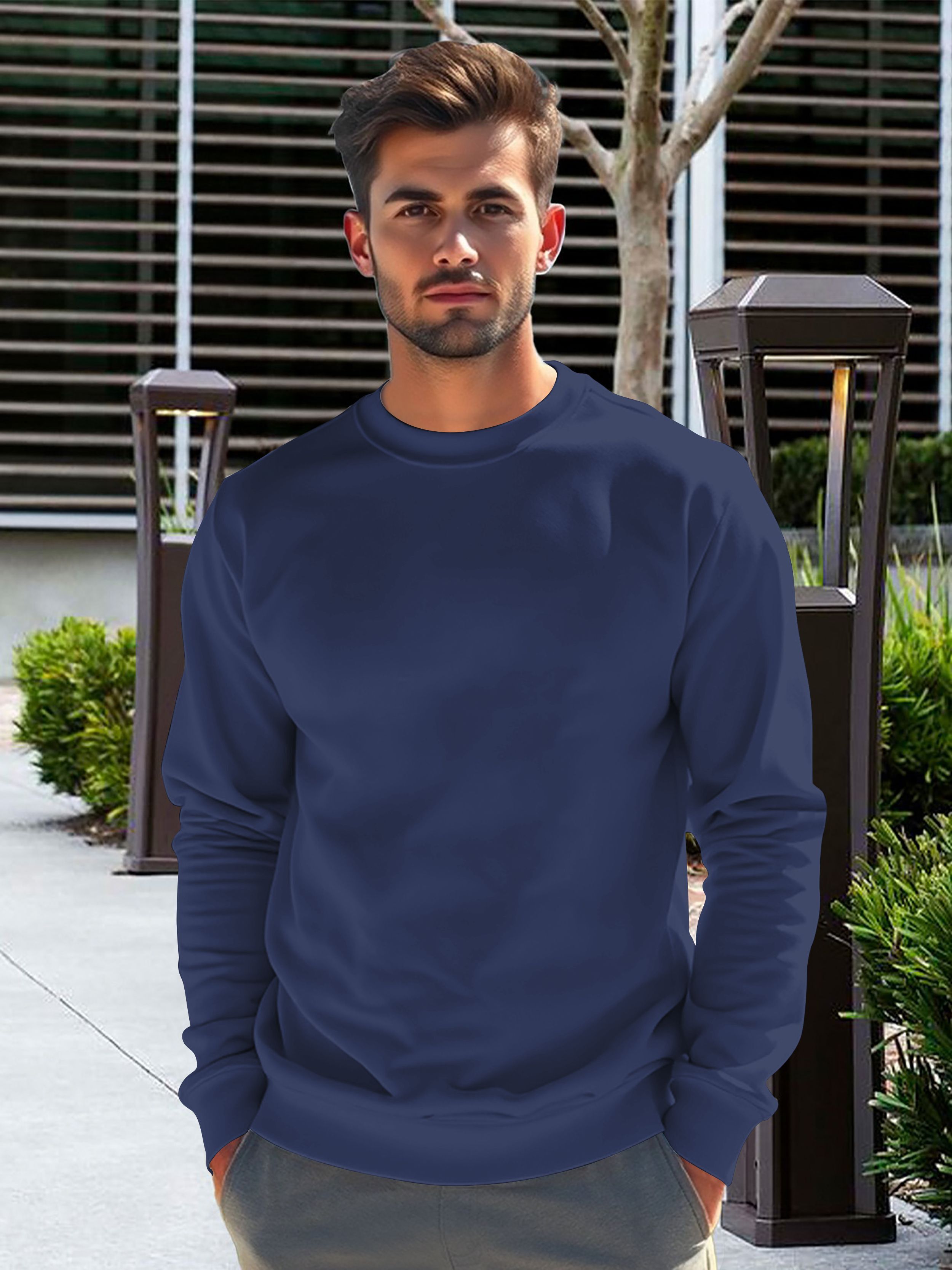 Men Solid Round Neck Pure Cotton Dark Blue T-Shirt-image-2
