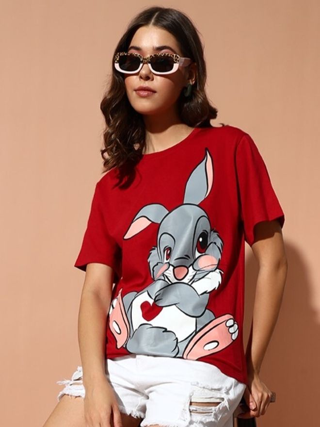 the dry state Women Printed Round Neck Pure Cotton Red T-Shirt-picture-21