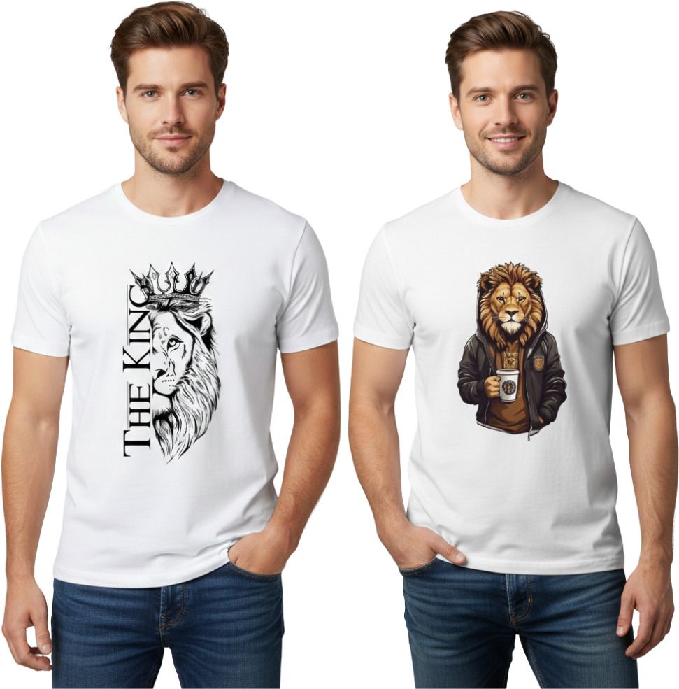 vkv fshion Pack of 2 Men Graphic Print Round Neck Cotton Blend White T-Shirt-picture-24