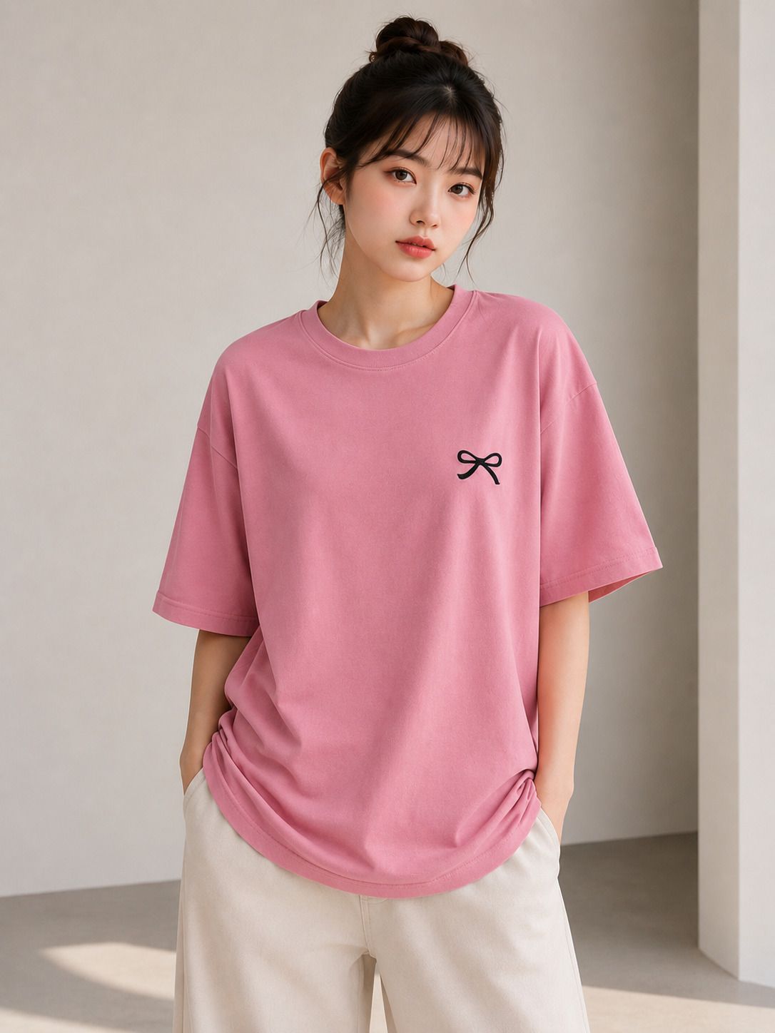 Women Graphic Print Round Neck Cotton Blend Pink T-Shirt-image-11