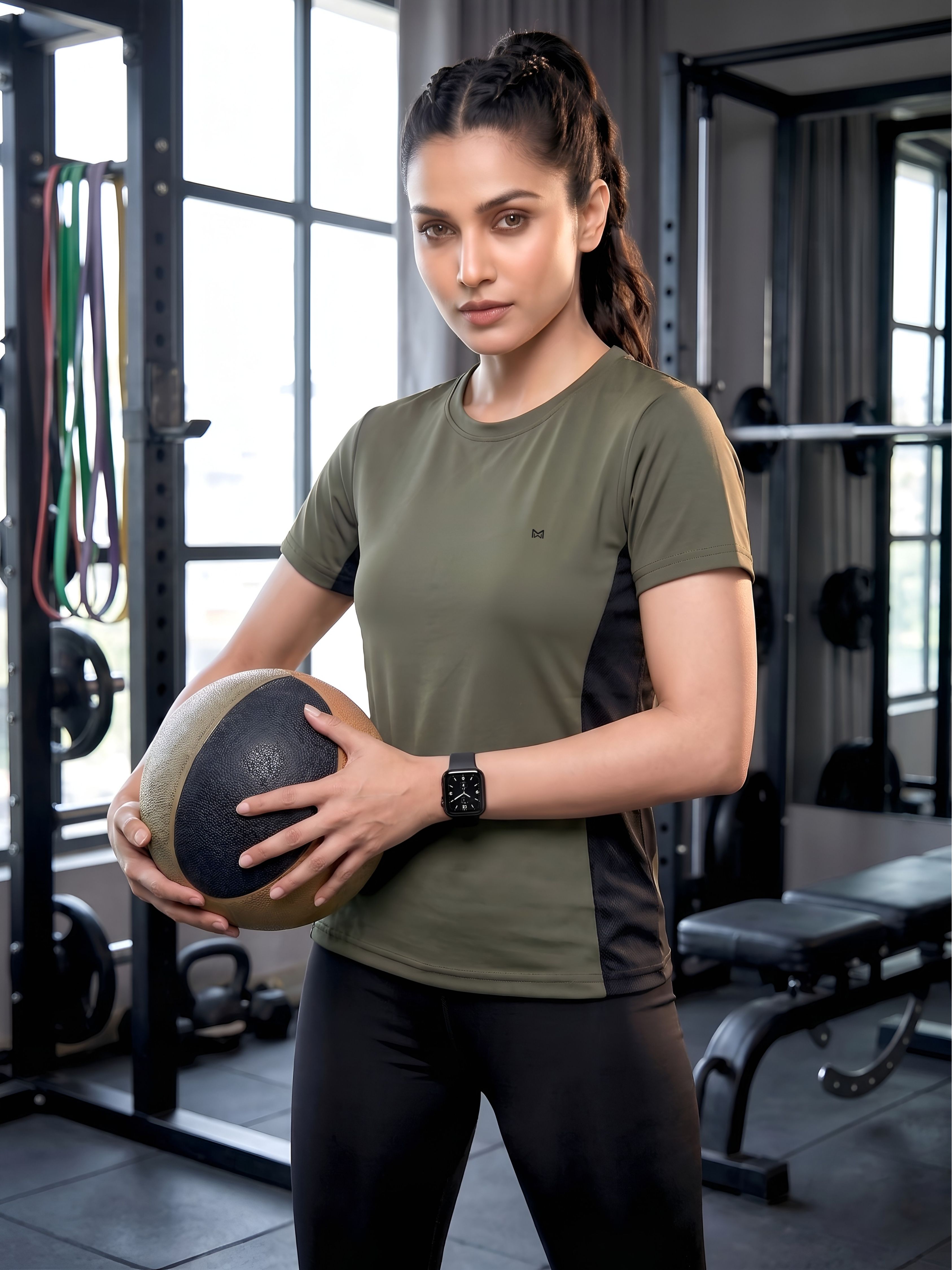 white moon Women Solid Round Neck Polyester Dark Green T-Shirt-picture-40