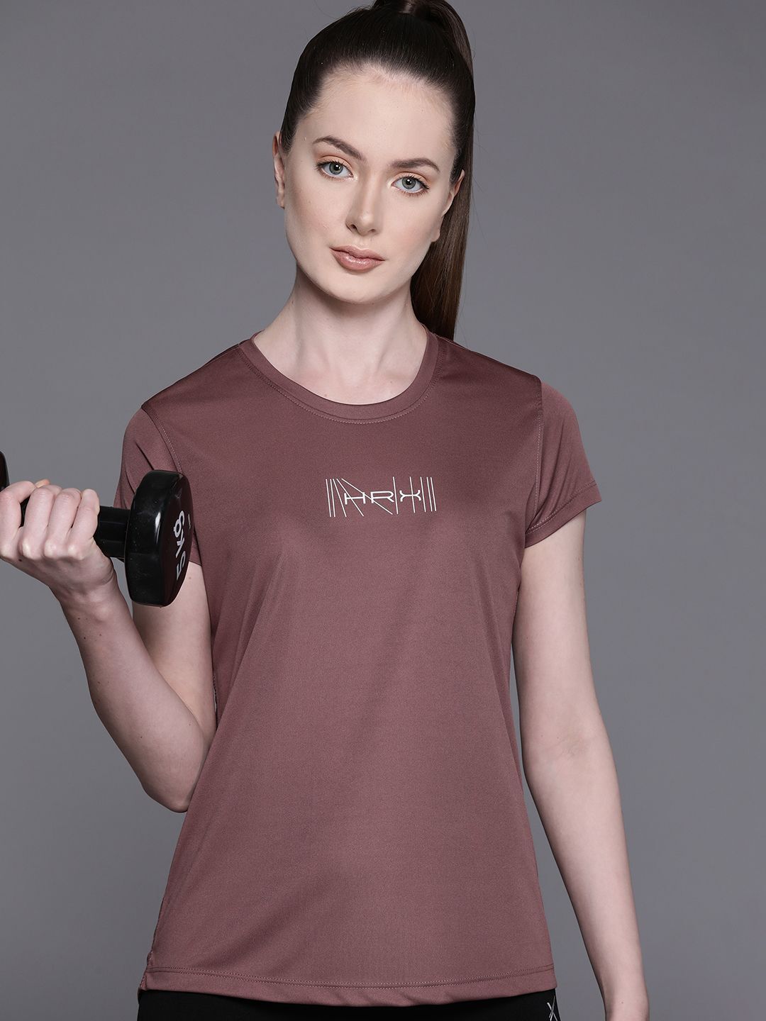 Women Printed Round Neck Polyester Brown T-Shirt