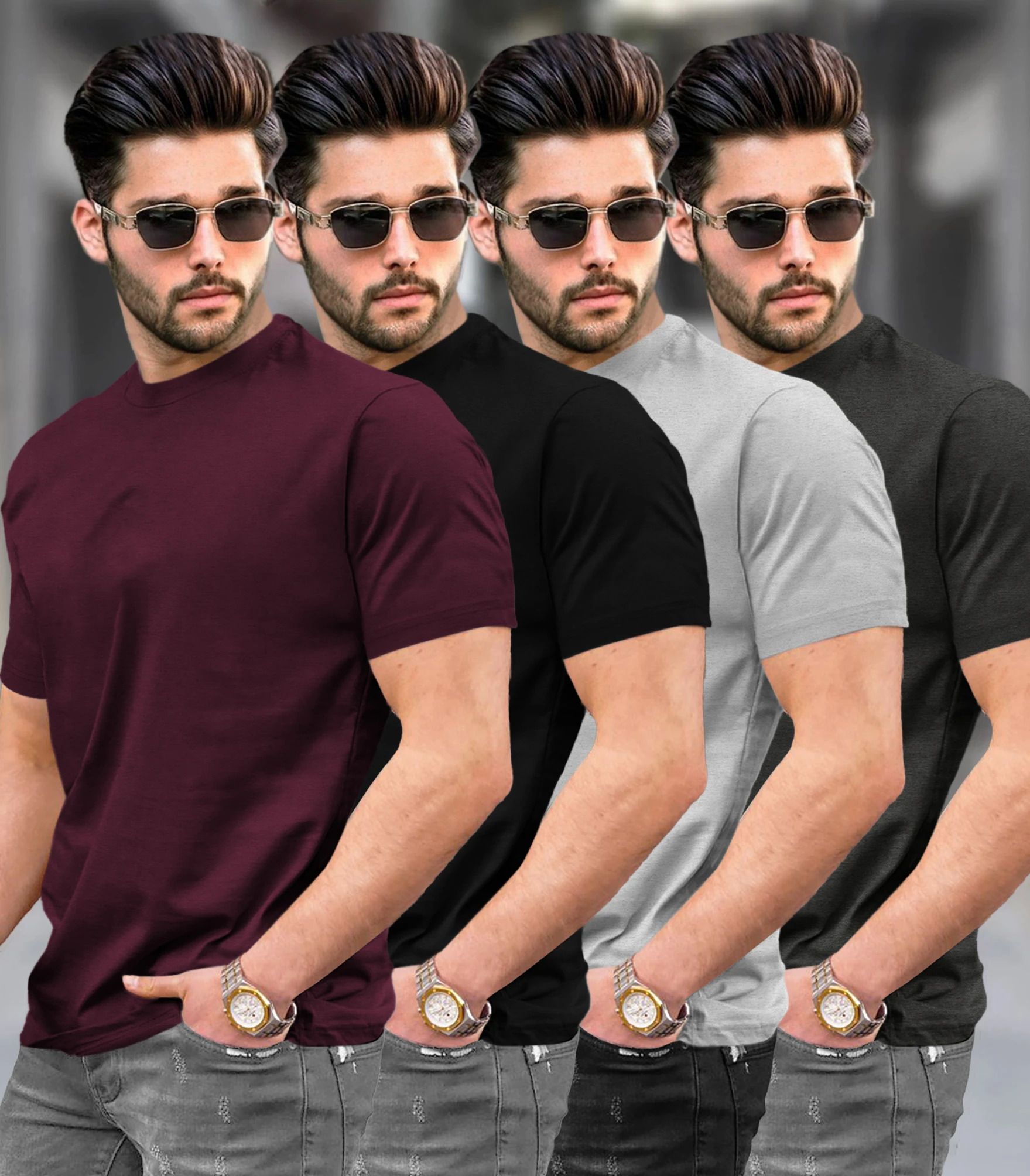 Pack of 4 Men Solid Round Neck Cotton Blend Multicolor T-Shirt-image-36