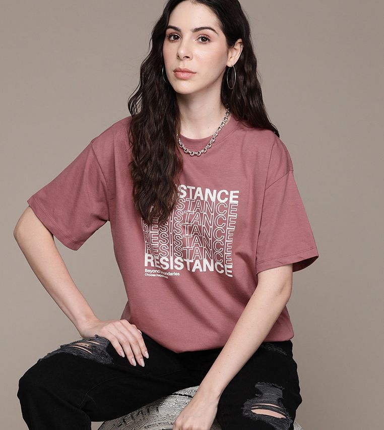 Women Typography Round Neck Pure Cotton Purple T-Shirt-image-33