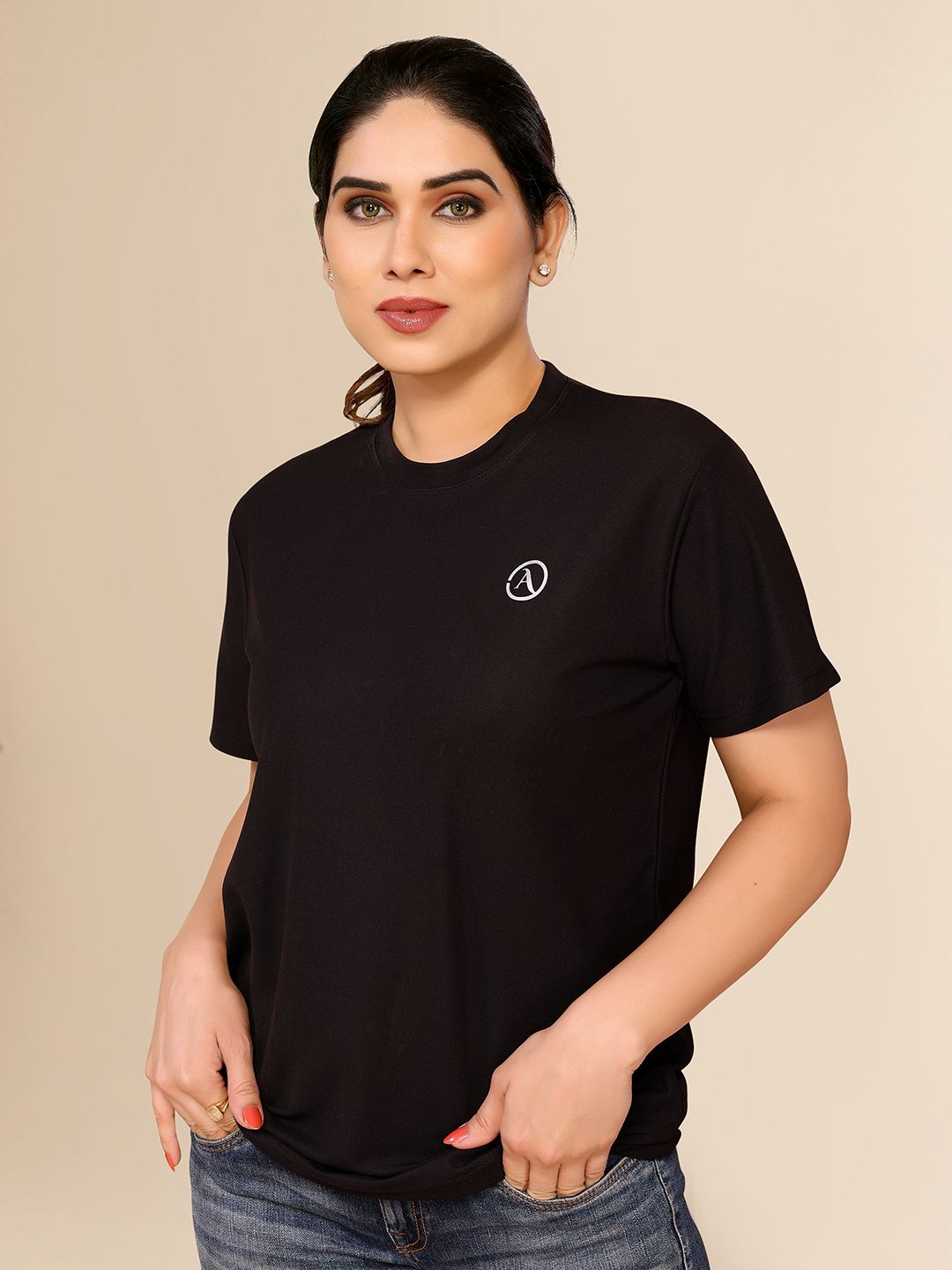 moda rapido Women Solid Round Neck Polyester Black T-Shirt-picture-16