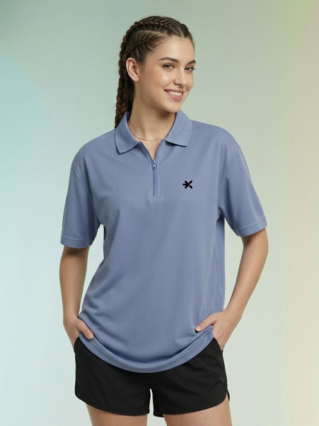 Women Solid Polo Neck Polyester Blue T-Shirt-image-35