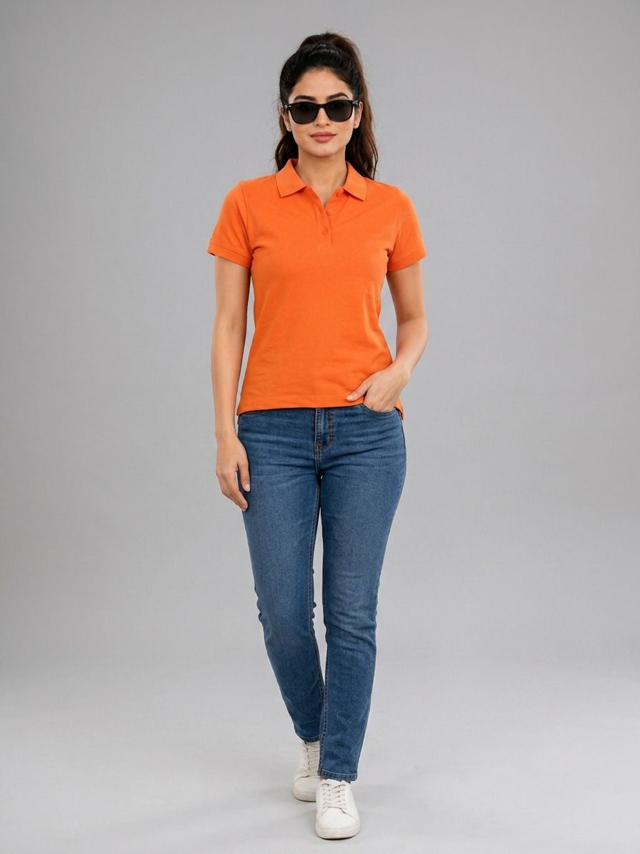 Women Solid Polo Neck Pure Cotton Orange T-Shirt-image-30