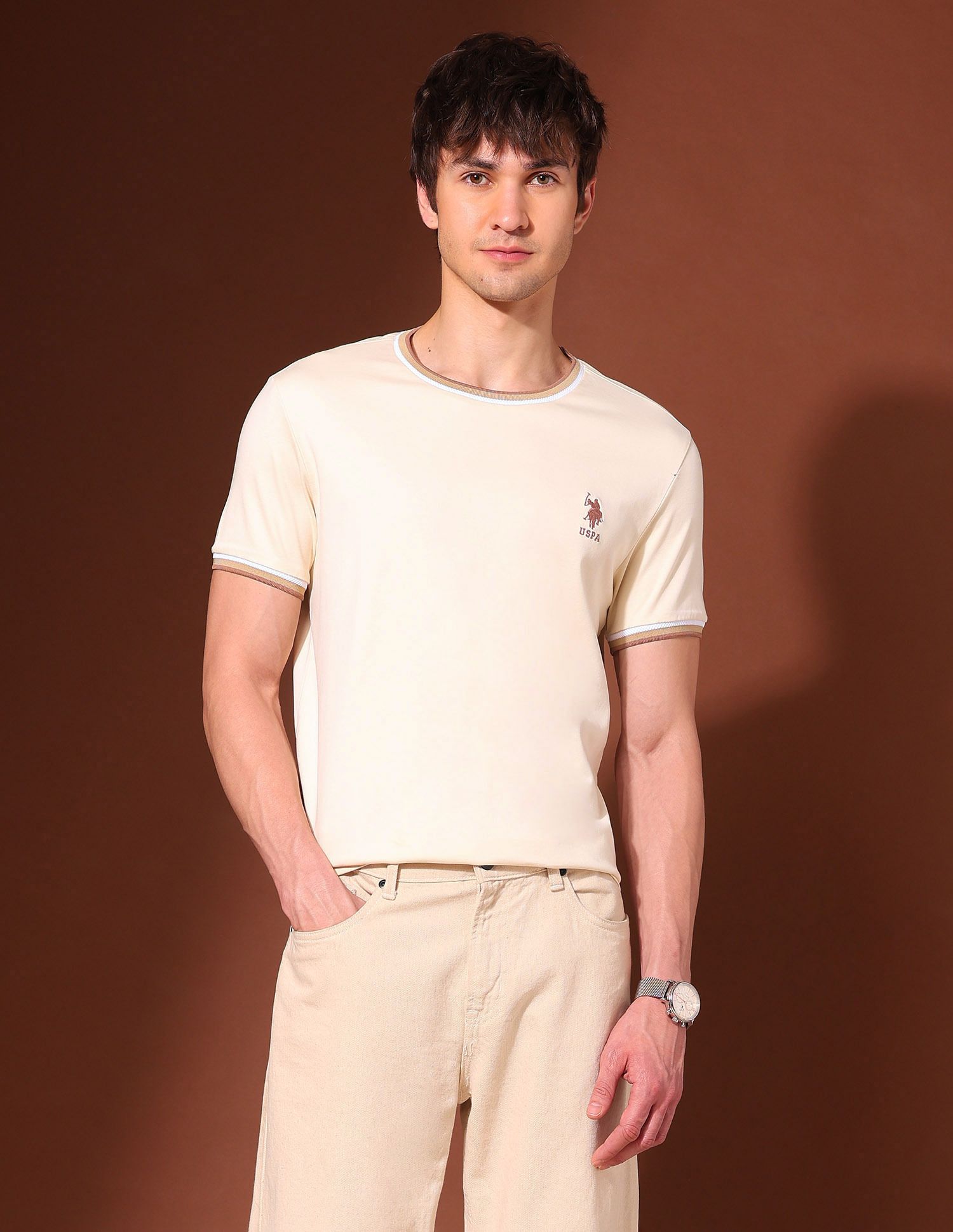 u.s. polo assn. Men Solid Round Neck Pure Cotton Beige T-Shirt-picture-48