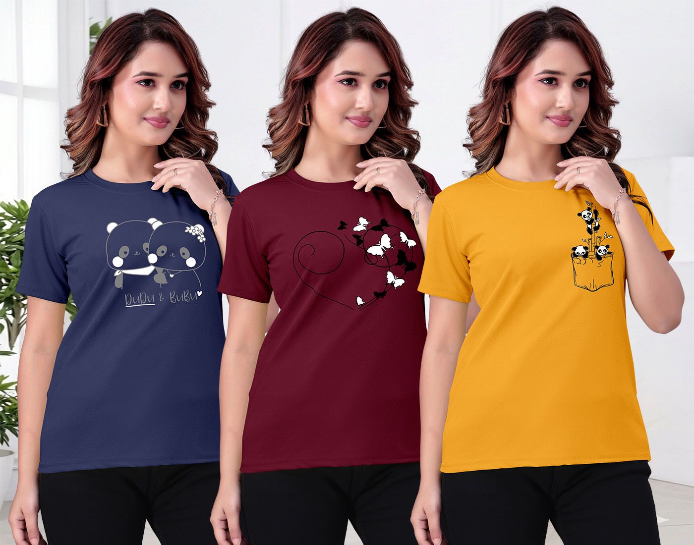 Pack of 3 Women Graphic Print, Printed, Cartoon Round Neck Cotton Blend Blue, Maroon, Yellow T-Shirt-image-38