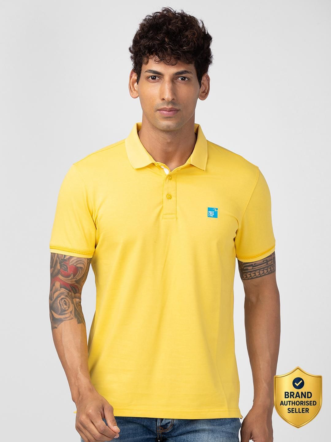 spykar Men Solid Polo Neck Cotton Blend Yellow T-Shirt-picture-13
