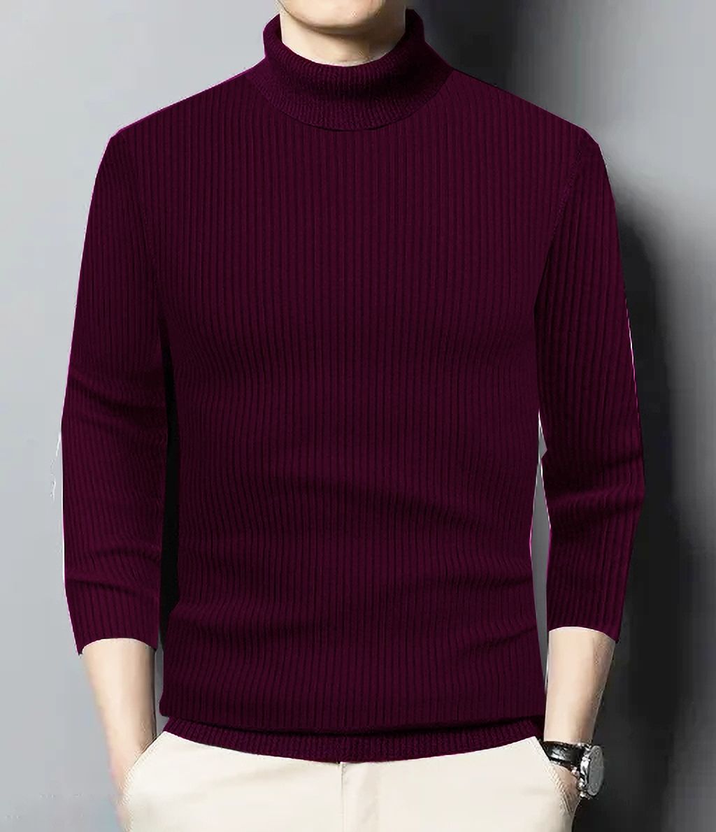 Men Solid High Neck Maroon Sweater