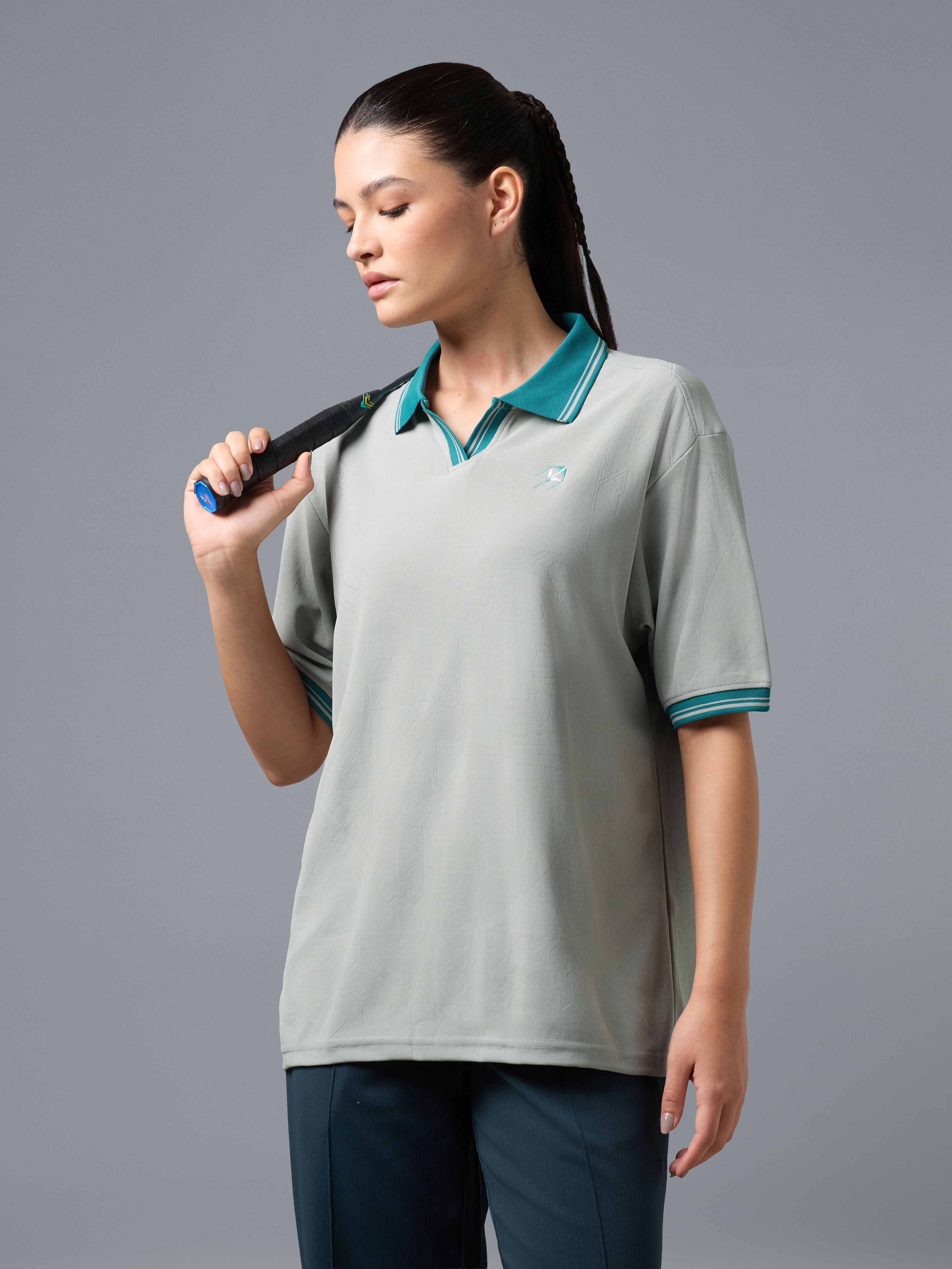 technosport Women Self Design Polo Neck Polyester Grey T-Shirt-picture-19