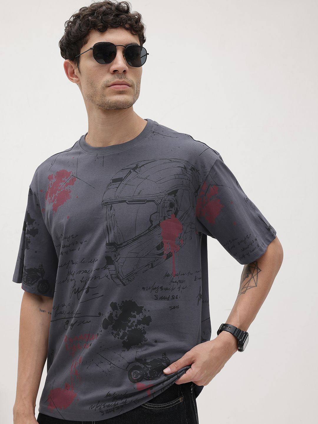 Men Printed Round Neck Pure Cotton Grey T-Shirt-image-27