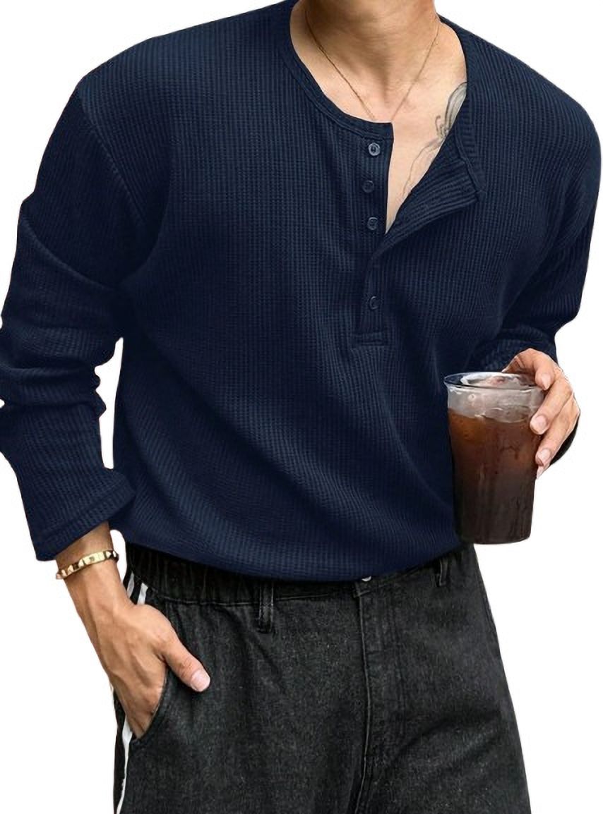 Men Self Design Henley Neck Polycotton Blue T-Shirt-image-1