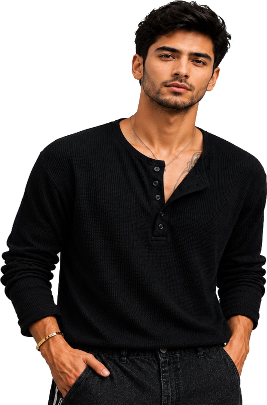 heradawn Men Self Design Henley Neck Polyester Black T-Shirt-picture-23