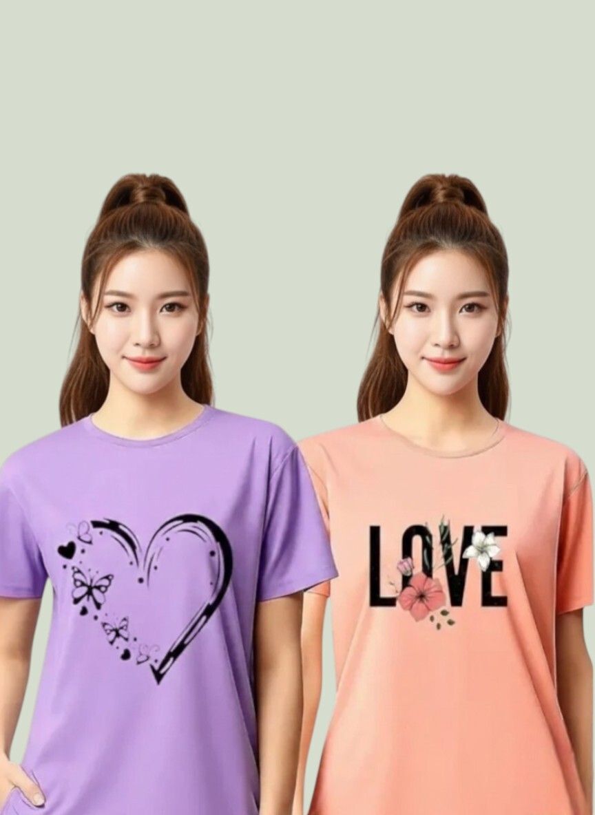 Women Graphic Print Round Neck Polyester Purple, Pink T-Shirt-image-29