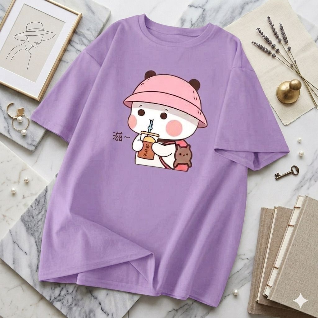 Women Cartoon Round Neck Cotton Blend Purple T-Shirt-image-19