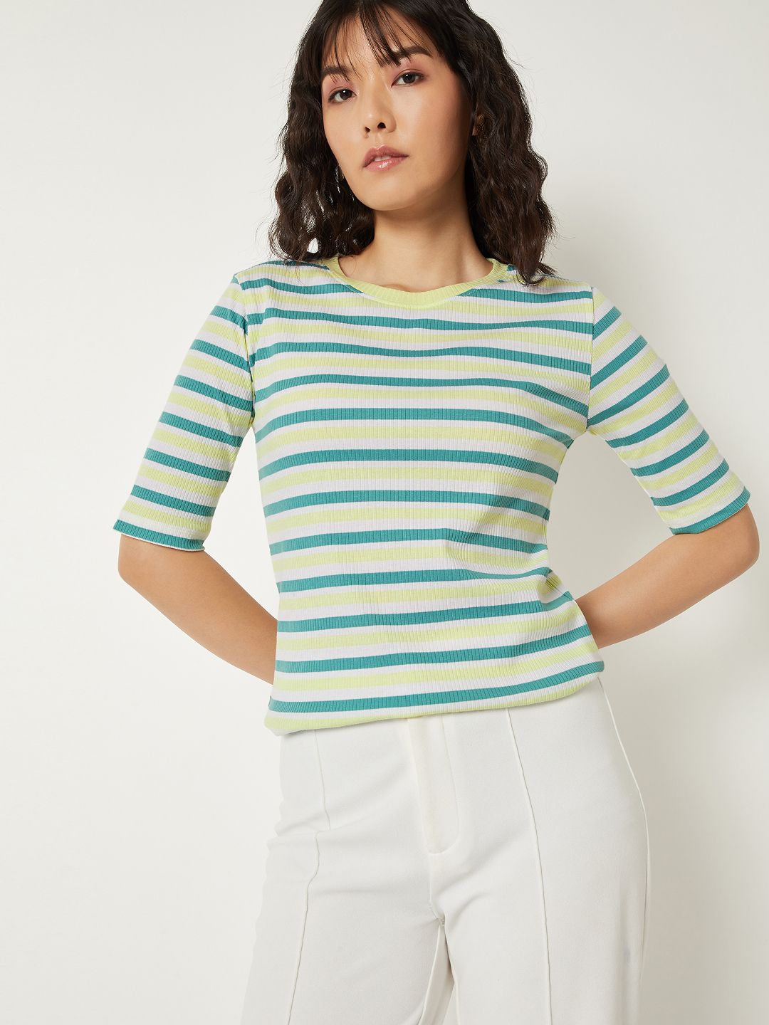Women Printed Round Neck Cotton Blend Green T-Shirt-image-9