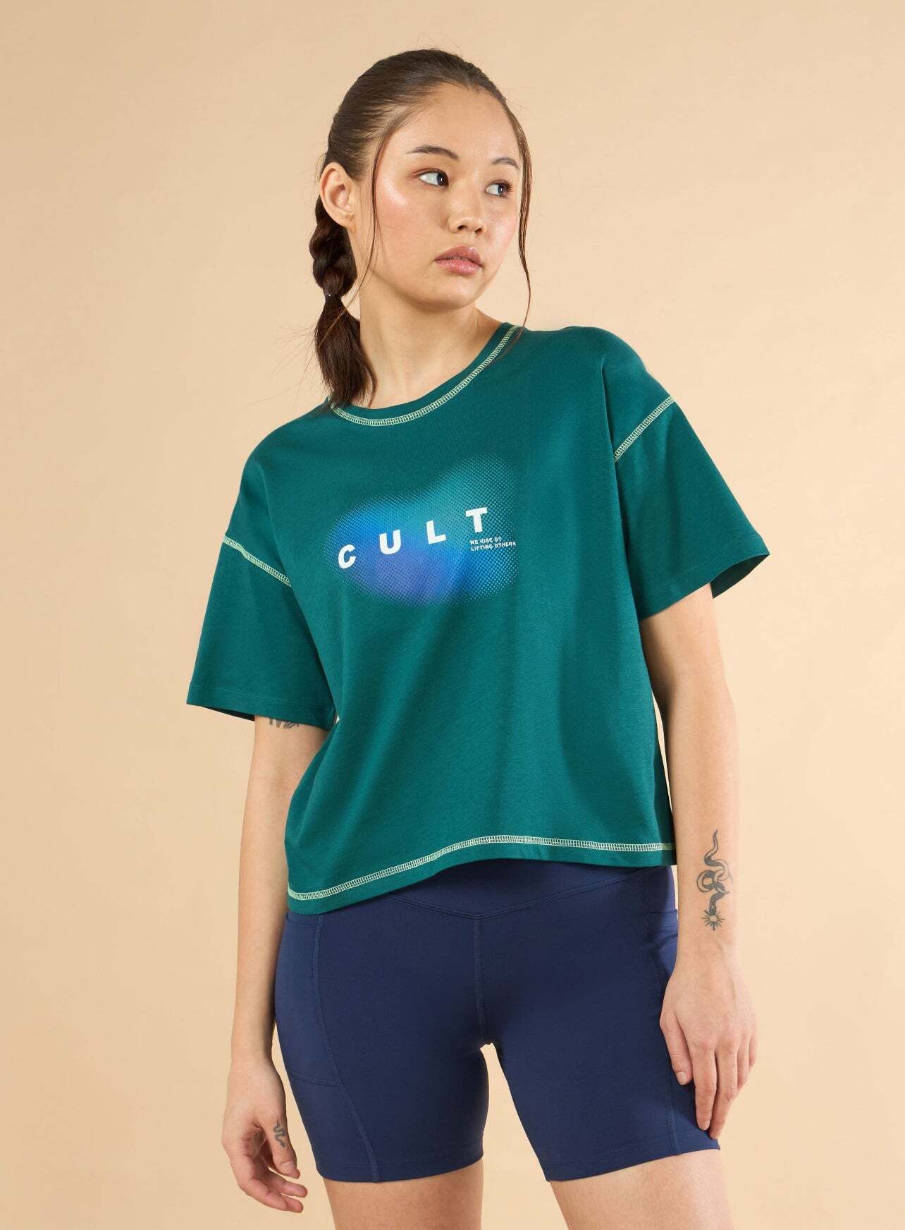 Women Self Design Round Neck Pure Cotton Blue T-Shirt-image-22