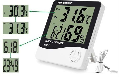 Plastic Abstract Themed LCD Digital Temperature Big Display Humidity Meter with Clock/Calendar (HTC-2) Meter and Plastic Digital Clock with Alarm Sensor Pin-Type Digital Moisture Measurer