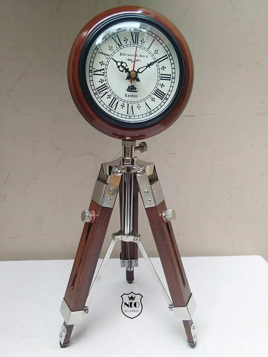 Analog Wooden Tripod Stand Clock Adjustable, Silver Fitting Tripod Clock-image-1