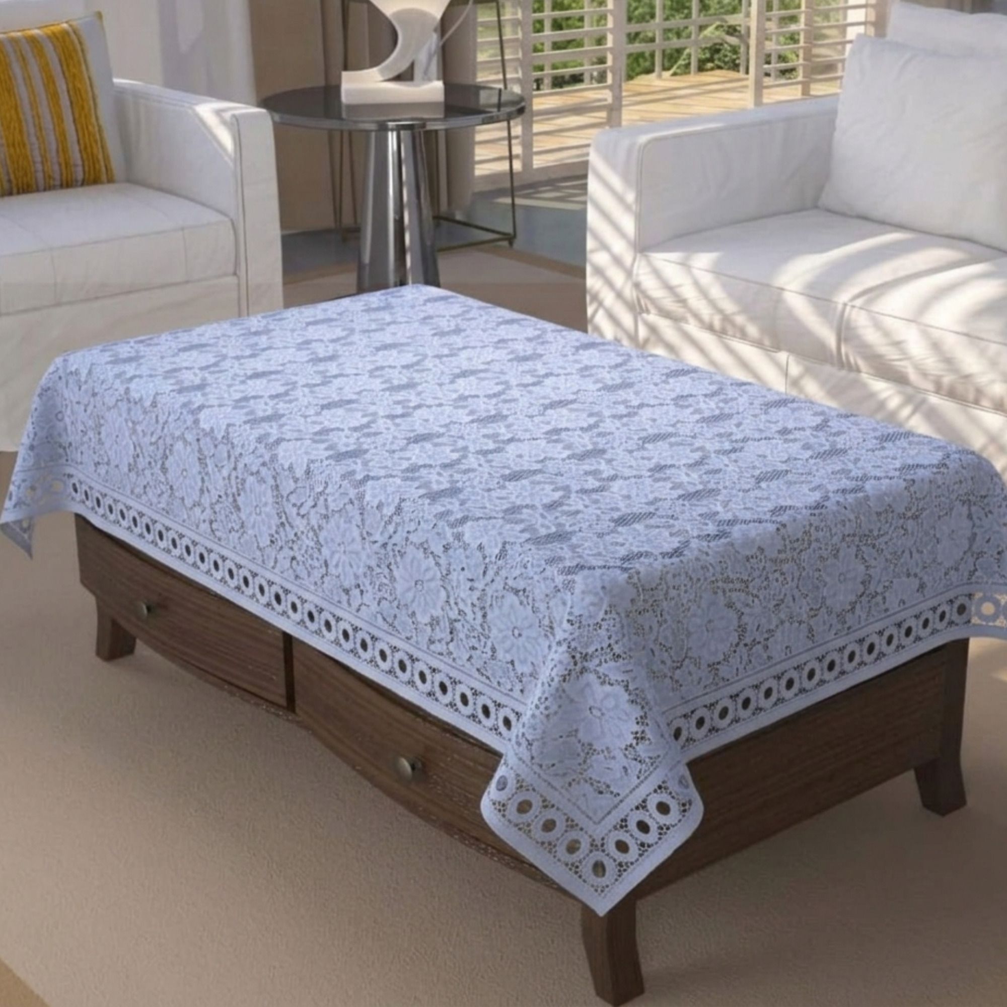 Cotton, Polyester, Silk 4 Seater Fleur-de-lis, Self Design, Floral Table Cover-image-27