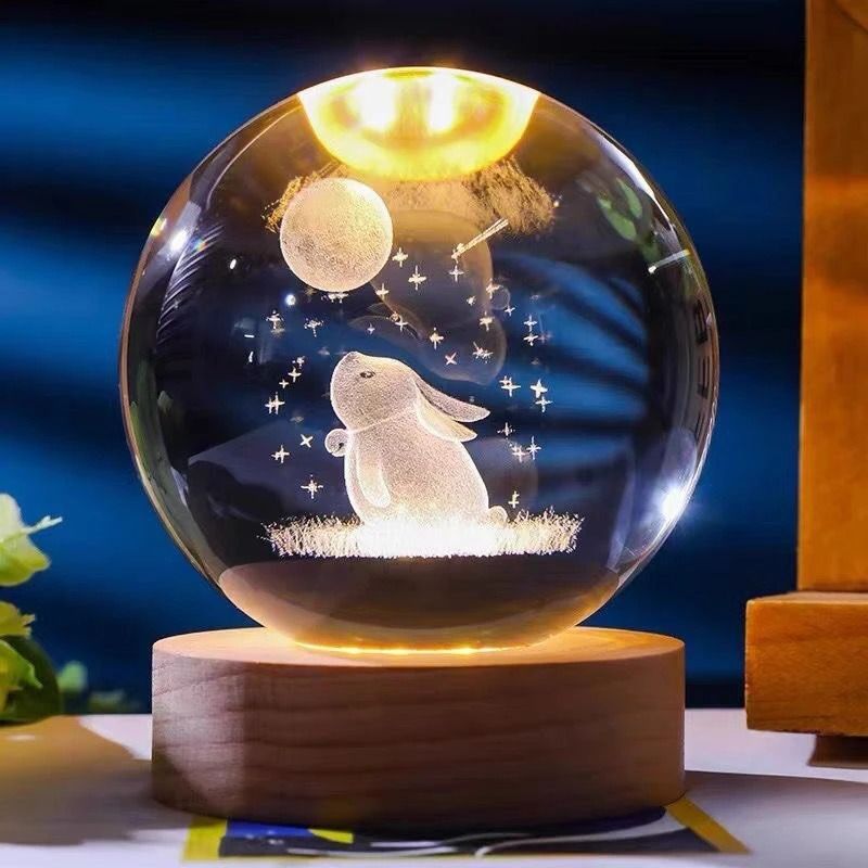 Moon Rabbit Crystal Ball 2.4" Glass Globe with LED Wooden Base Table Lamp Table Lamp-image-24