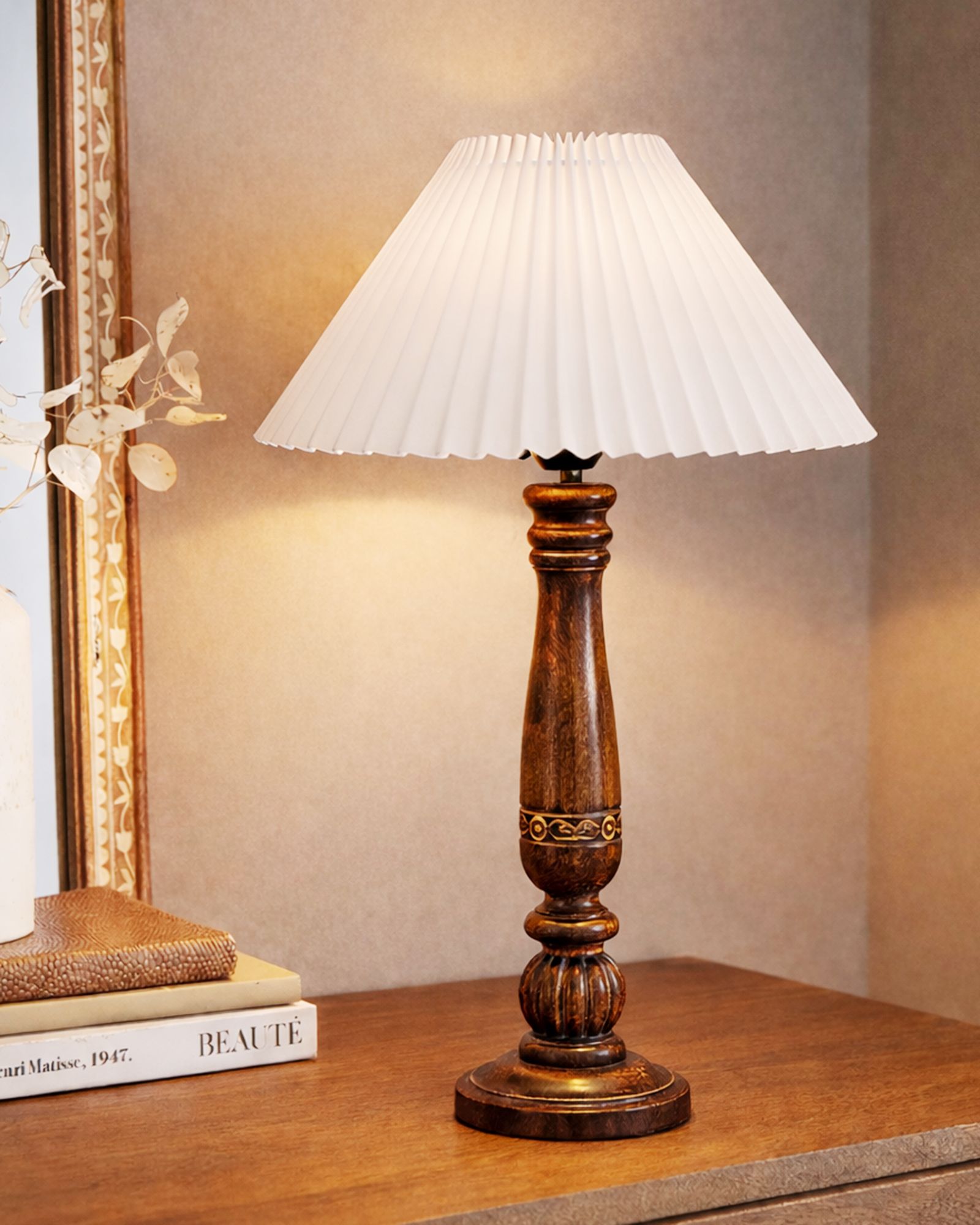 Handcrafted Wooden Table Lamp with Pleated Jute Shade for Bedroom & Study Table Lamp