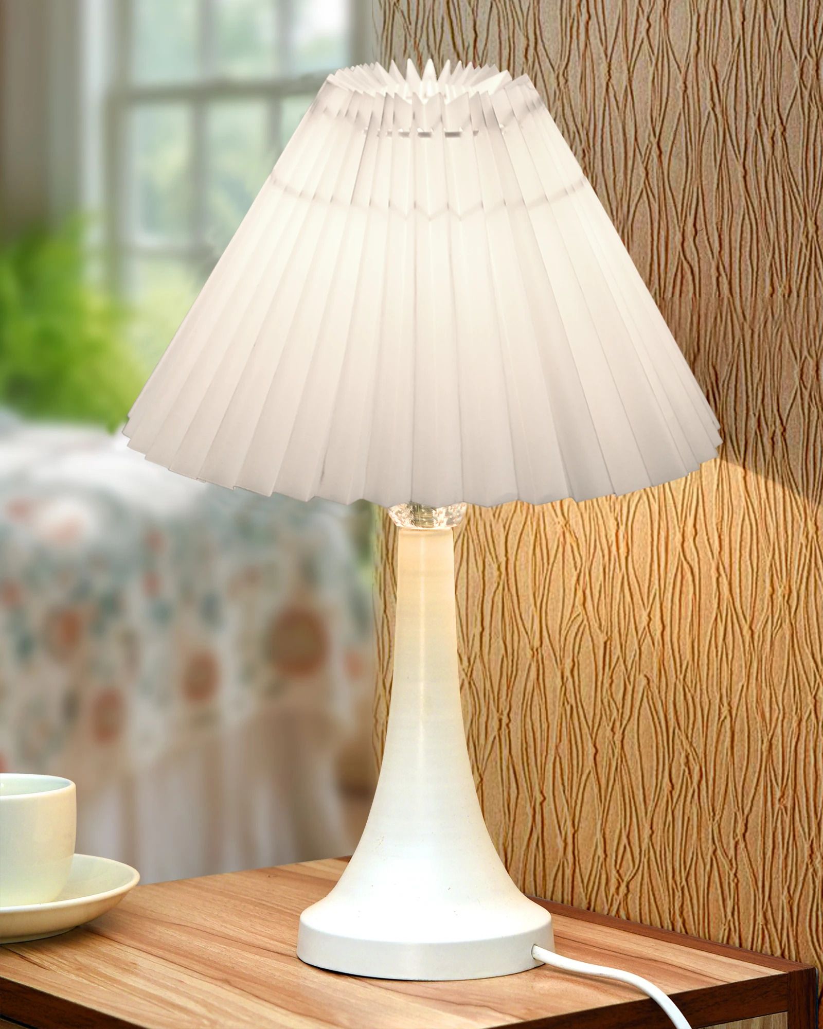 Farmhouse Matt Table Lamp, White Bedside Lamp with Pleated White Table Lamp-image-1
