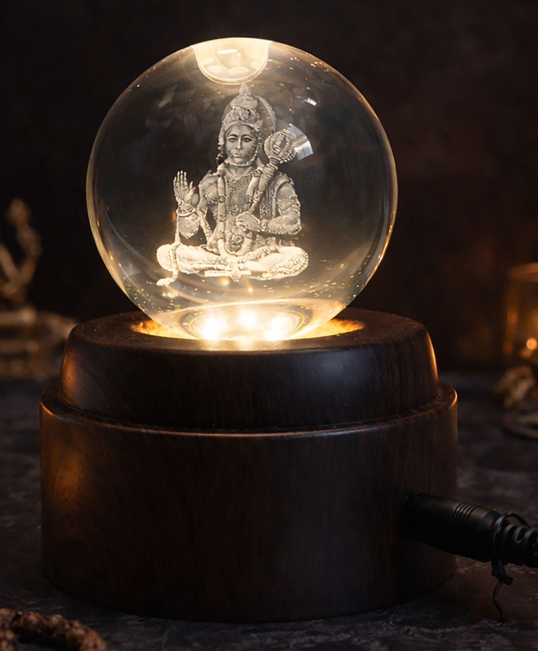 jamboree 360° Rotating Crystal Ball Lord Hanuman Engraving LED USB Wooden Base Gift Table Lamp-picture-25