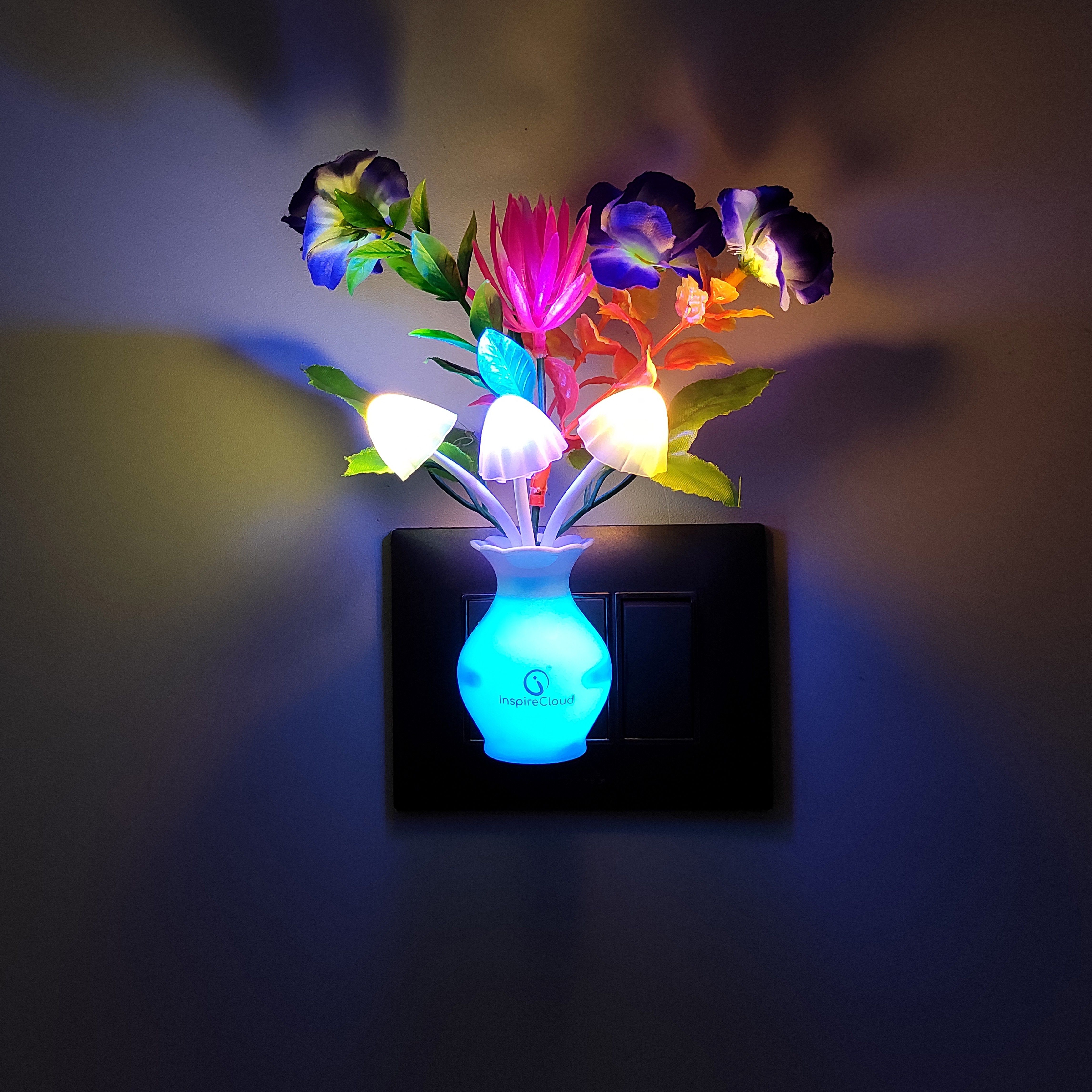auto ON/Off Sensor Mushroom Shape LED with Multicolor Illuminated and Flowers Night Lamp