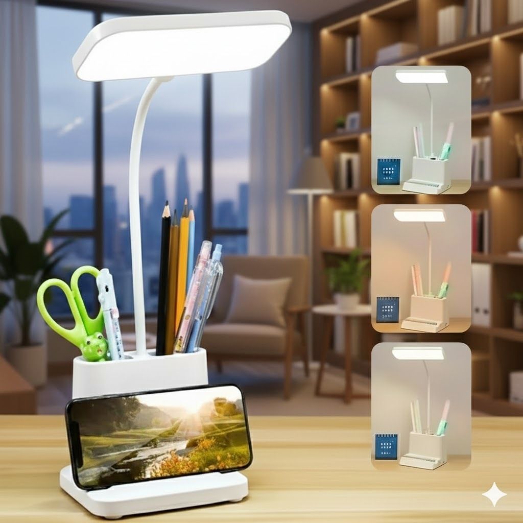 Plastic 3 Color Mode Led Study Table Desk Lamp For Students With Pen Study Lamp