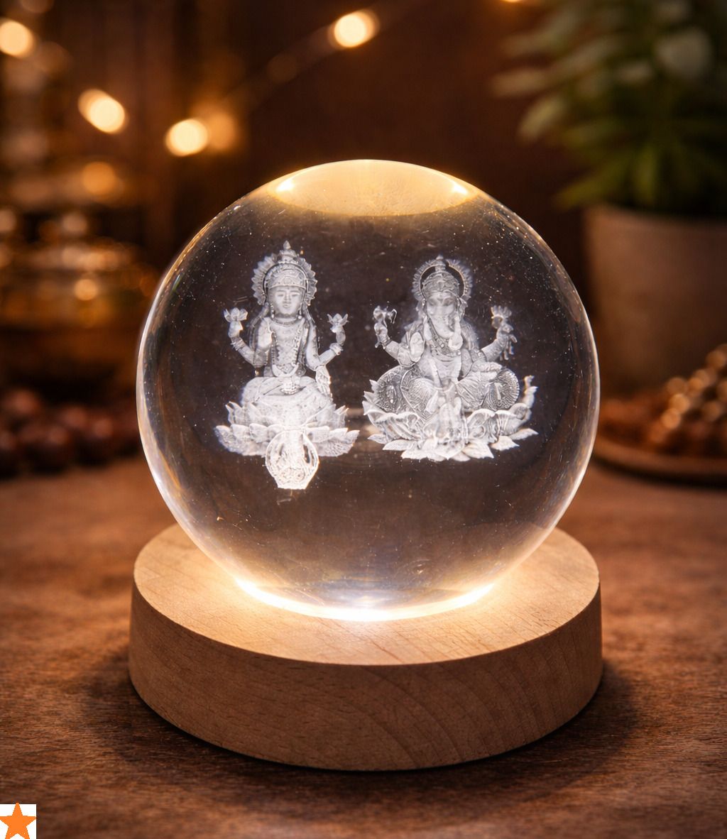 Laxmi Ganesh 3D Crystal Ball LED Table Lamp with Wooden Base Design May Vary K3 Night Lamp-image-1