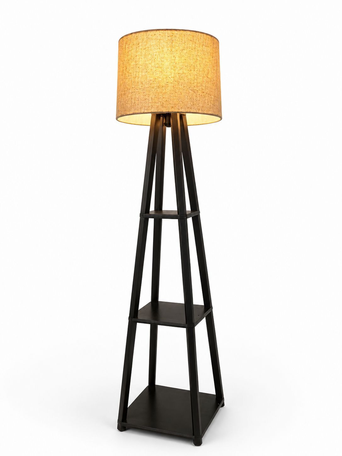 Modern Floor Lamp with Shelves & Fabric Shade | Wooden Tripod Standing Lamp Night Lamp-image-4