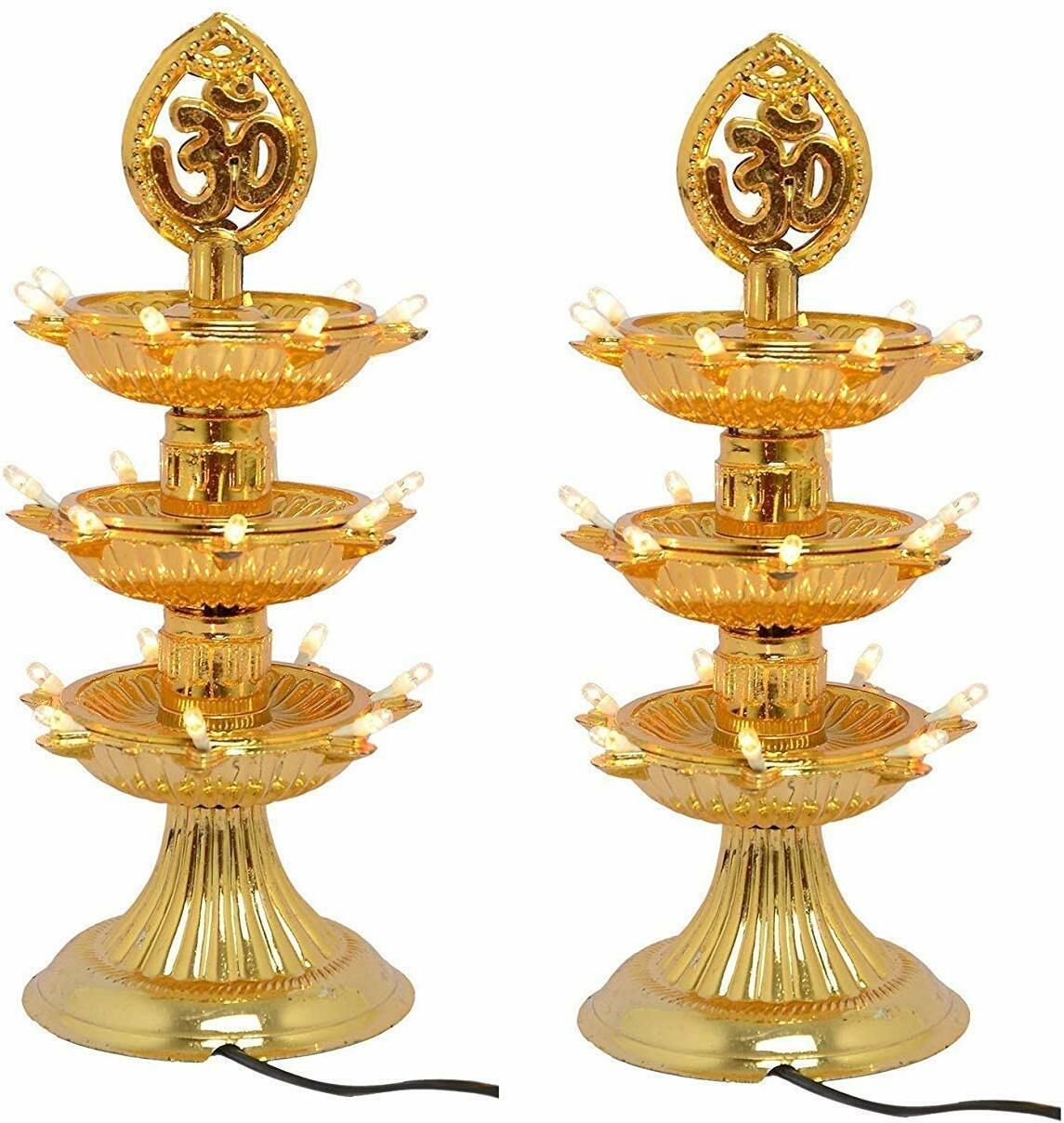 3 Layer Electric Gold LED Diya Plastic (Pack of 2) Table Diya Set (Height: 10 inch) Table Lamp-image-39