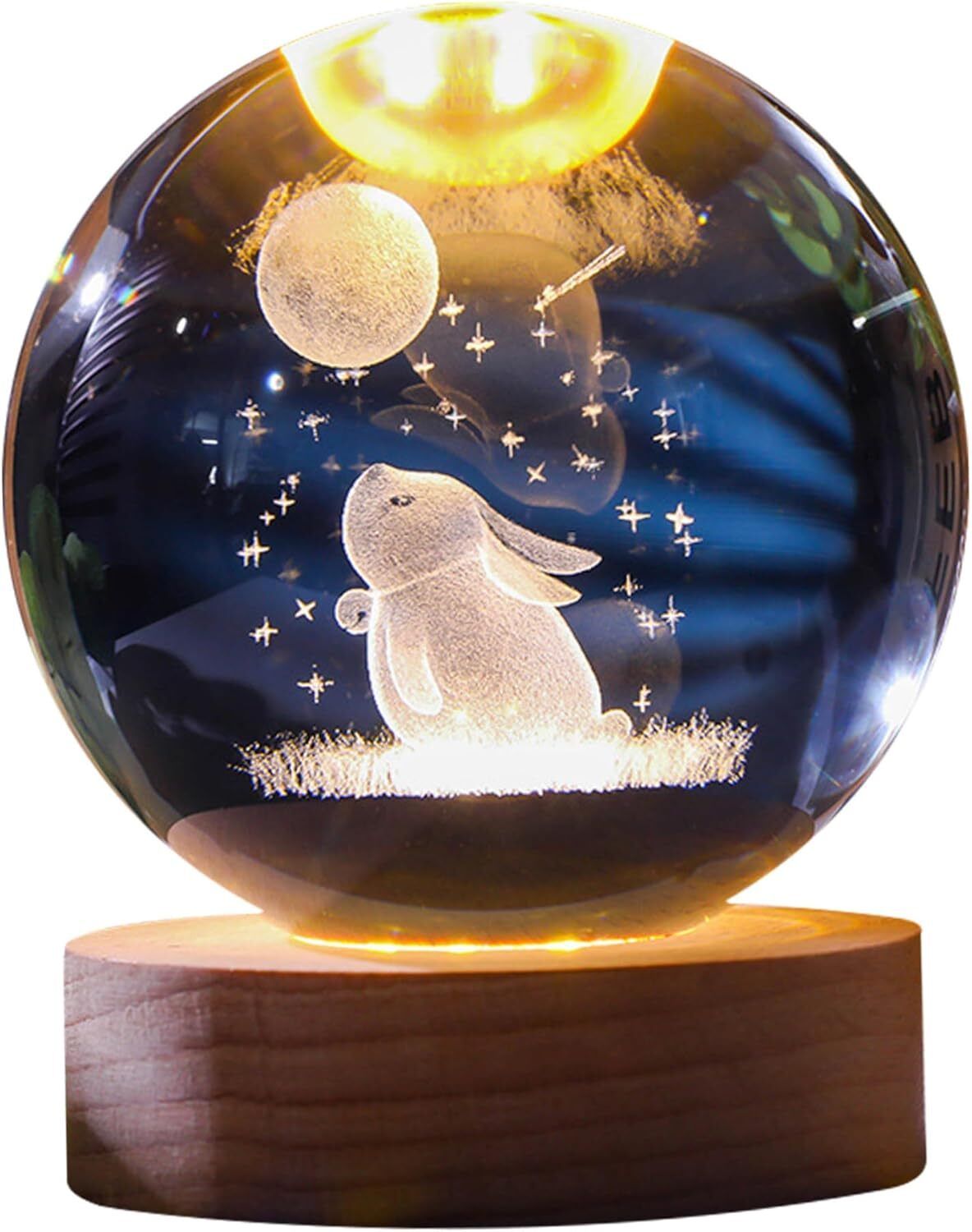 LED Wooden Base 3D Rabbit & Moon Crystal Ball Light Gift For Friends & Family Night Lamp-image-0