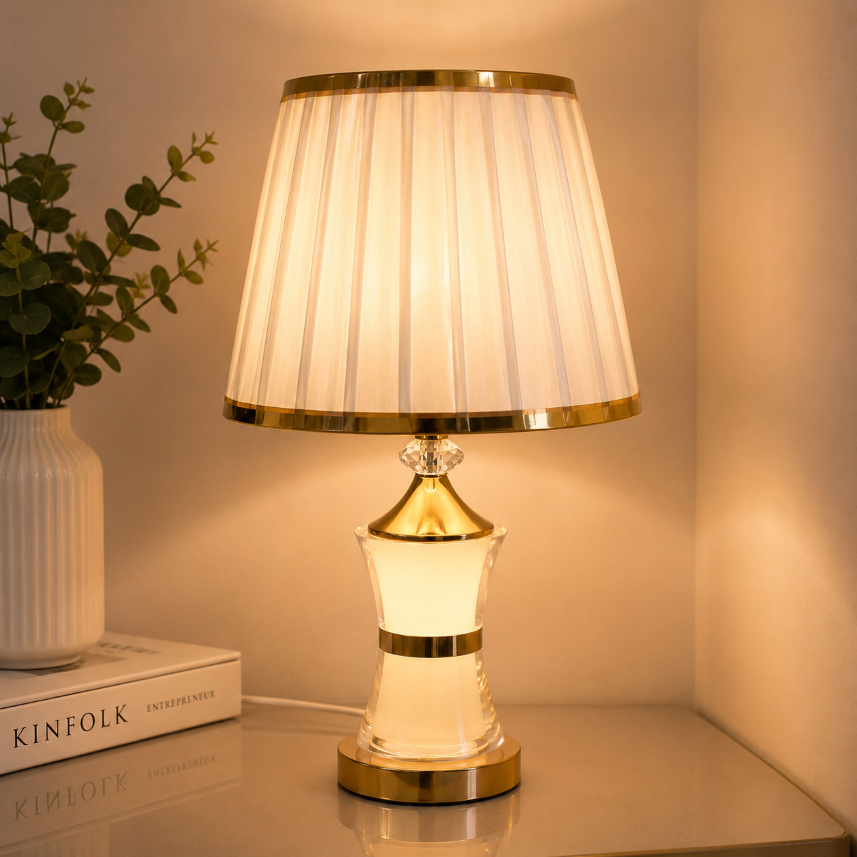 dynamic deals Luxury Ivory White & Gold Crystal Table Lamp with Pleated Table Lamp-picture-34